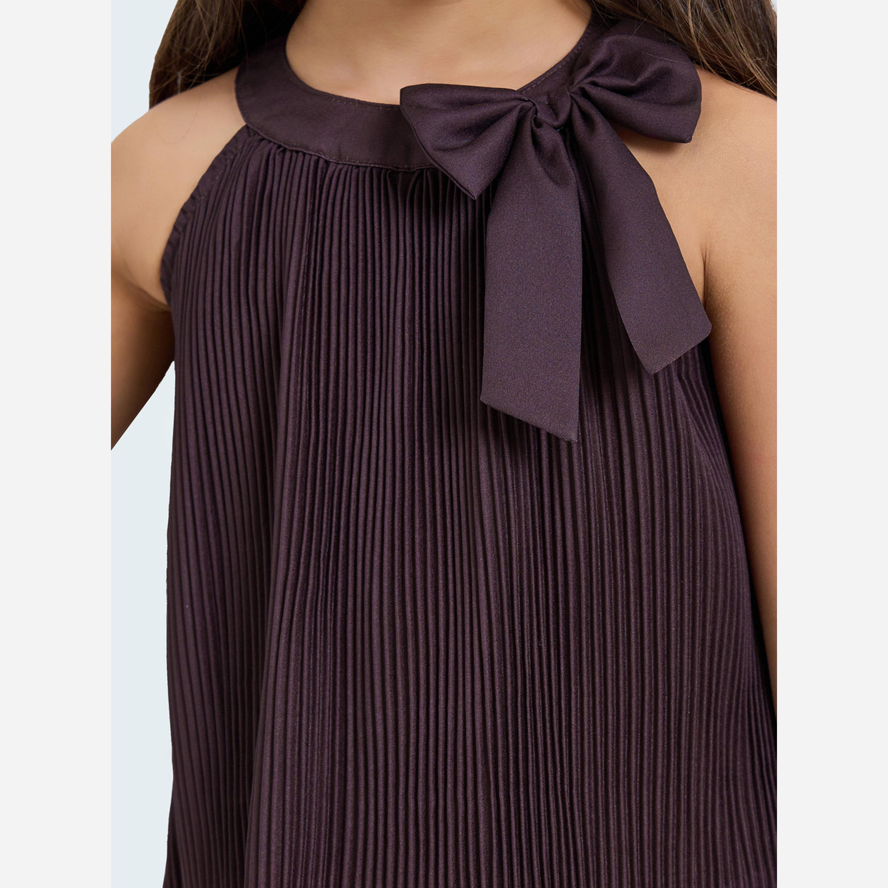 ستايلي - فستان بناتي لون برغندي مطوي مزين بفيونكة-girls-clothing-dressesandjumpsuits-image-4
