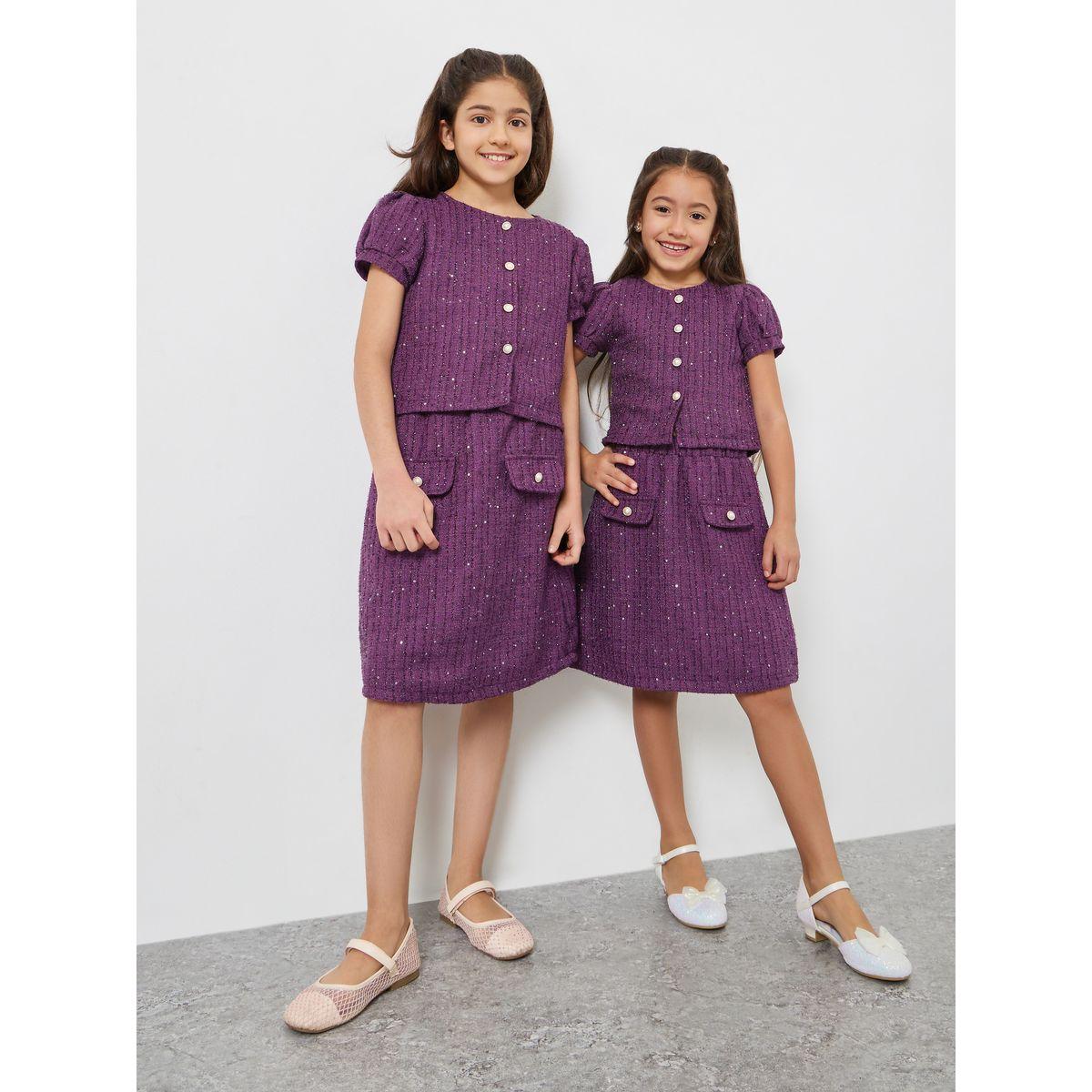 Styli Teens Purple Tweed Top and Skirt Set-girls-clothing-setsandcoords-image-1