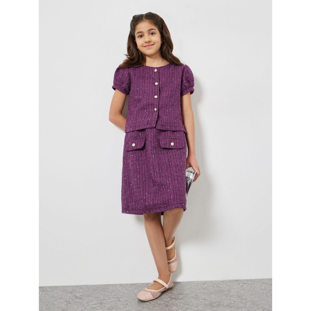 Styli Teens Purple Tweed Top and Skirt Set-girls-clothing-setsandcoords-image-2