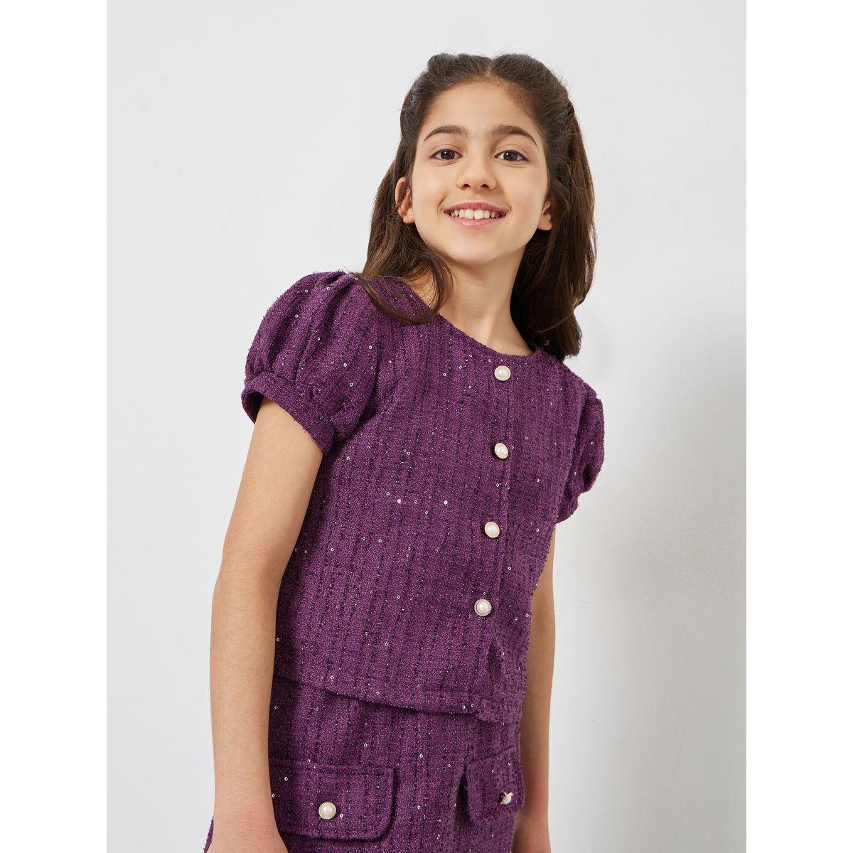 Styli Teens Purple Tweed Top and Skirt Set-girls-clothing-setsandcoords-image-3