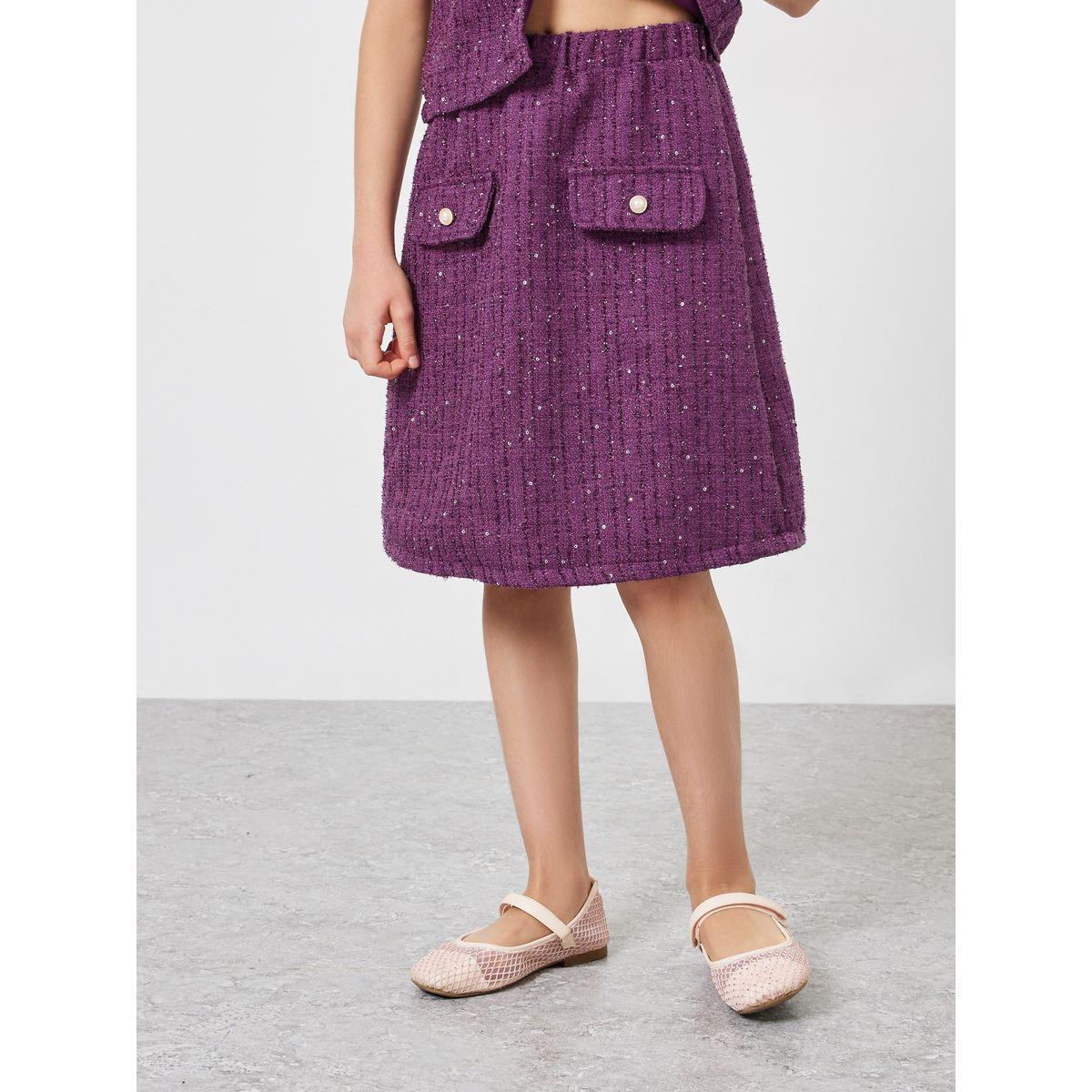 Styli Teens Purple Tweed Top and Skirt Set-girls-clothing-setsandcoords-image-5