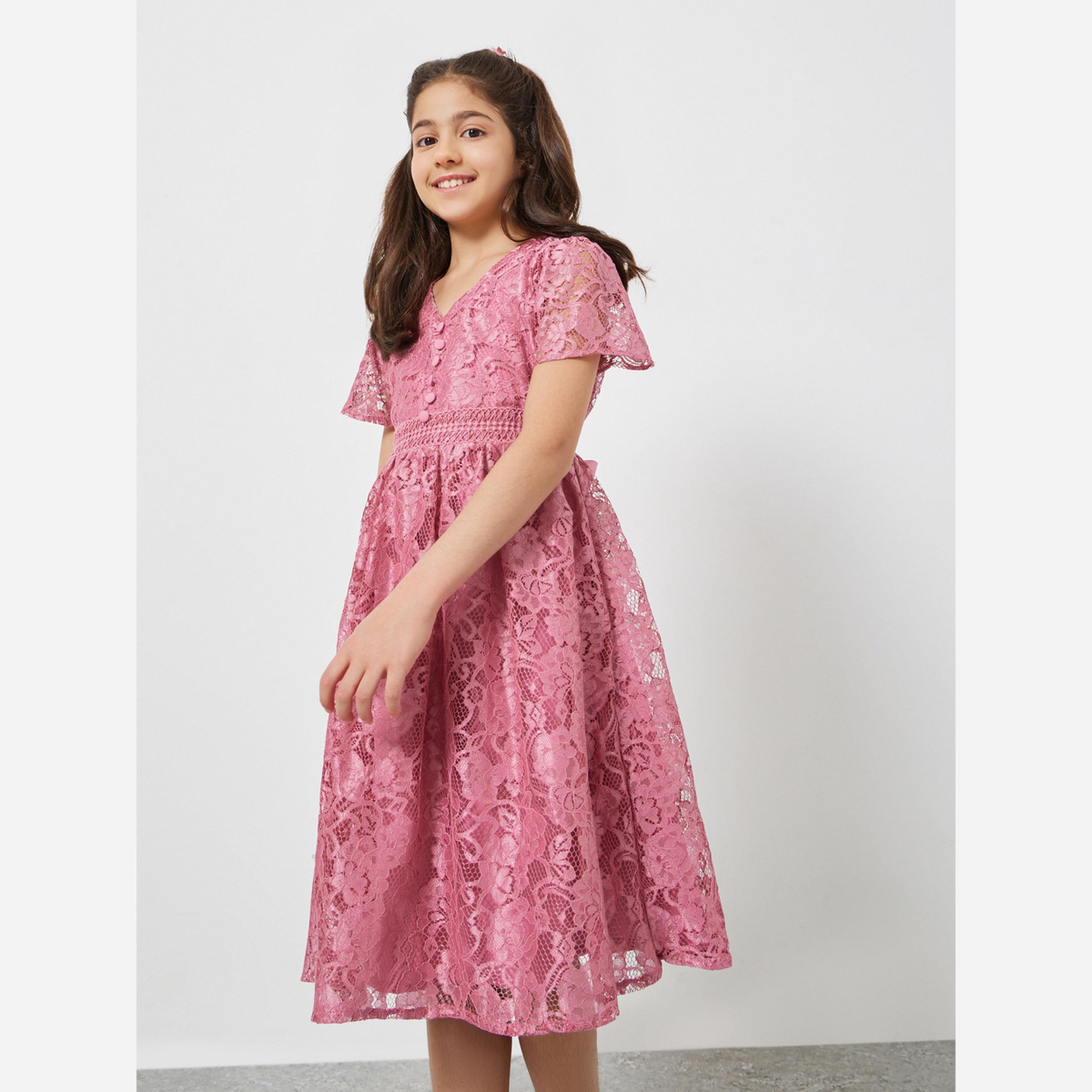 ستايلي - فستان بناتي دانتيل لون وردي تصميم A يصل إلى الركبة-girls-clothing-dressesandjumpsuits-image-1