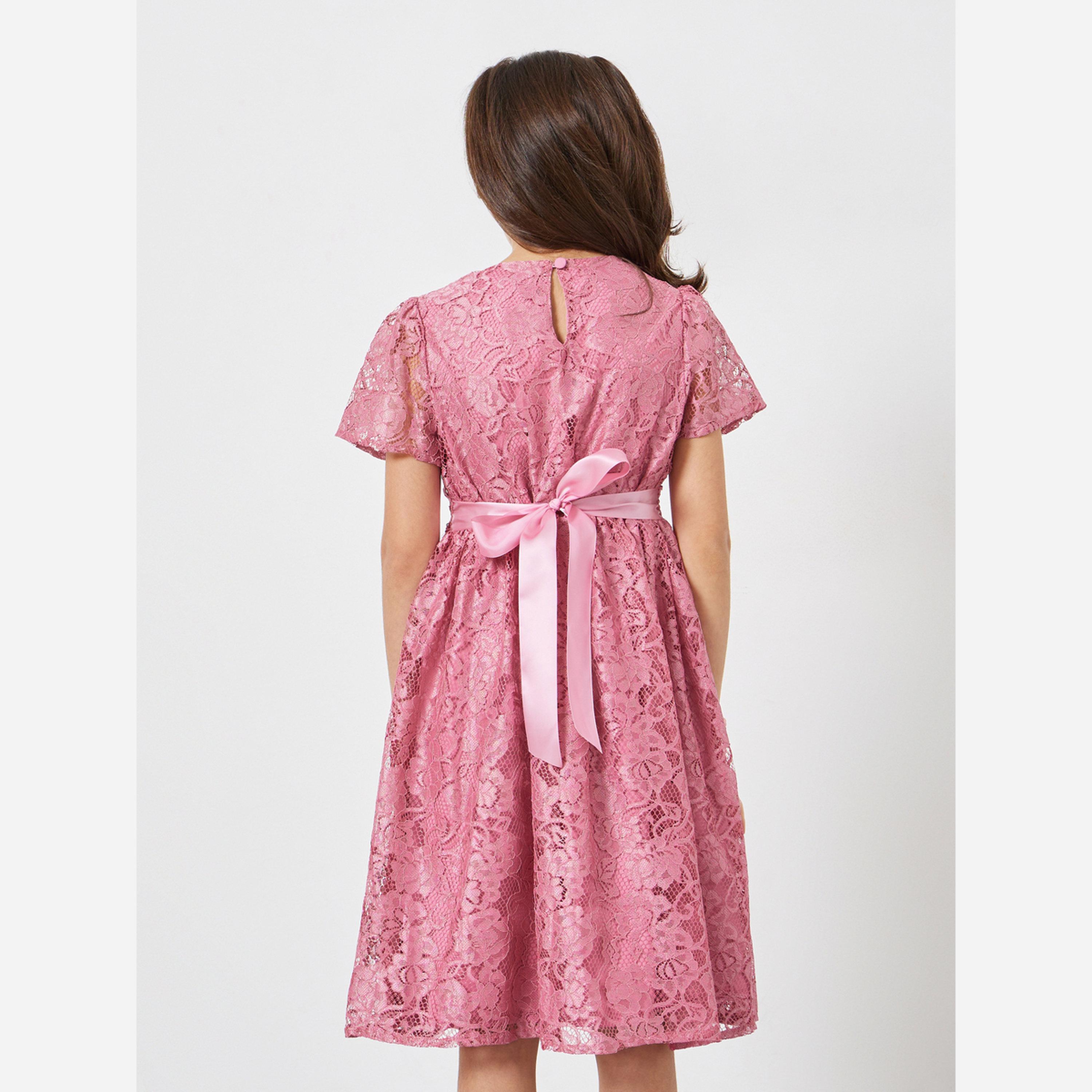 Styli Girls Pink Lace A-Line Knee-Length Dress-girls-clothing-dressesandjumpsuits-image-5