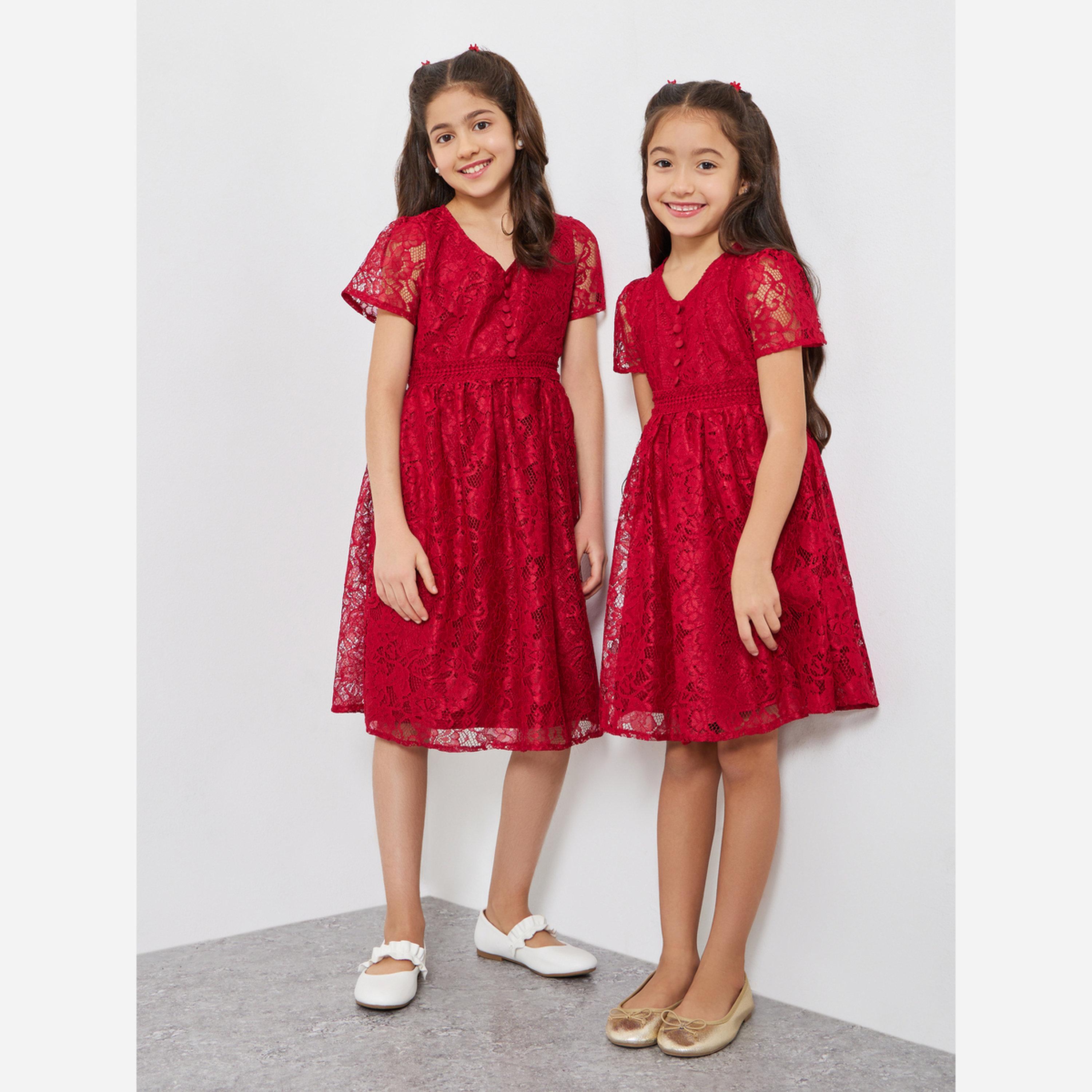 ستايلي - فستان بناتي دانتيل لون أحمر تصميم A يصل إلى الركبة-girls-clothing-dressesandjumpsuits-image-1