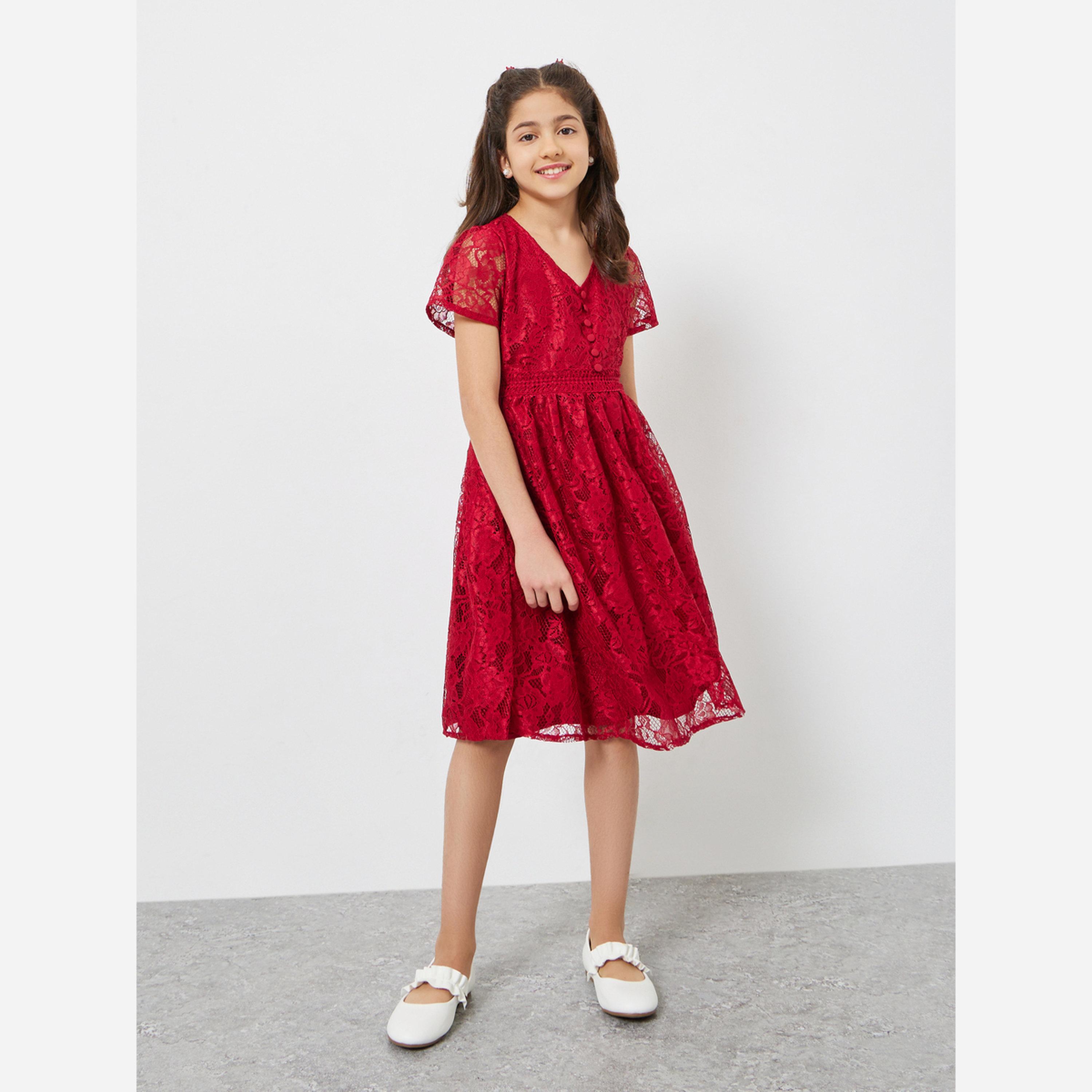 Styli Girls Red Lace A-Line Knee-Length Dress-girls-clothing-dressesandjumpsuits-image-2