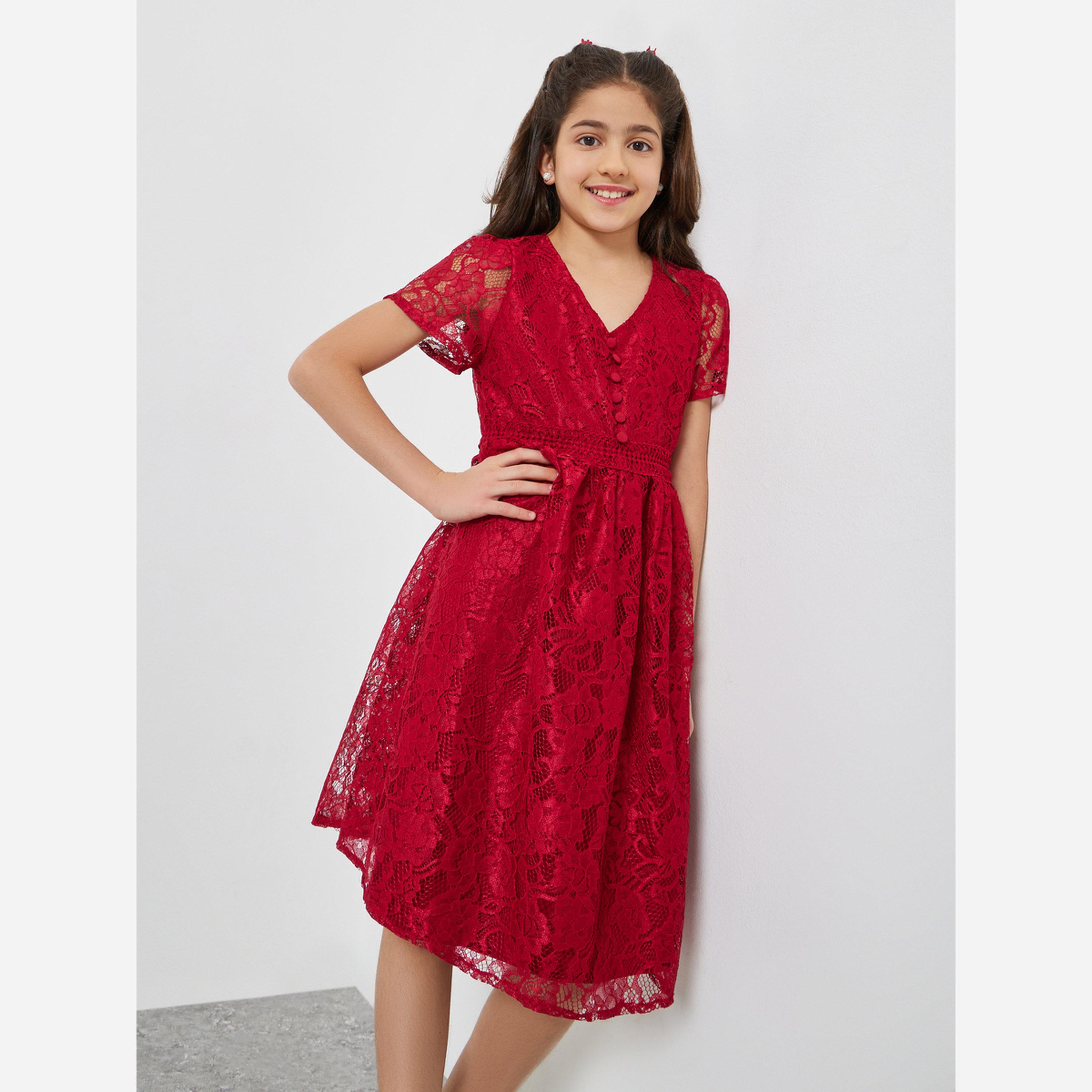 Styli Girls Red Lace A-Line Knee-Length Dress-girls-clothing-dressesandjumpsuits-image-3