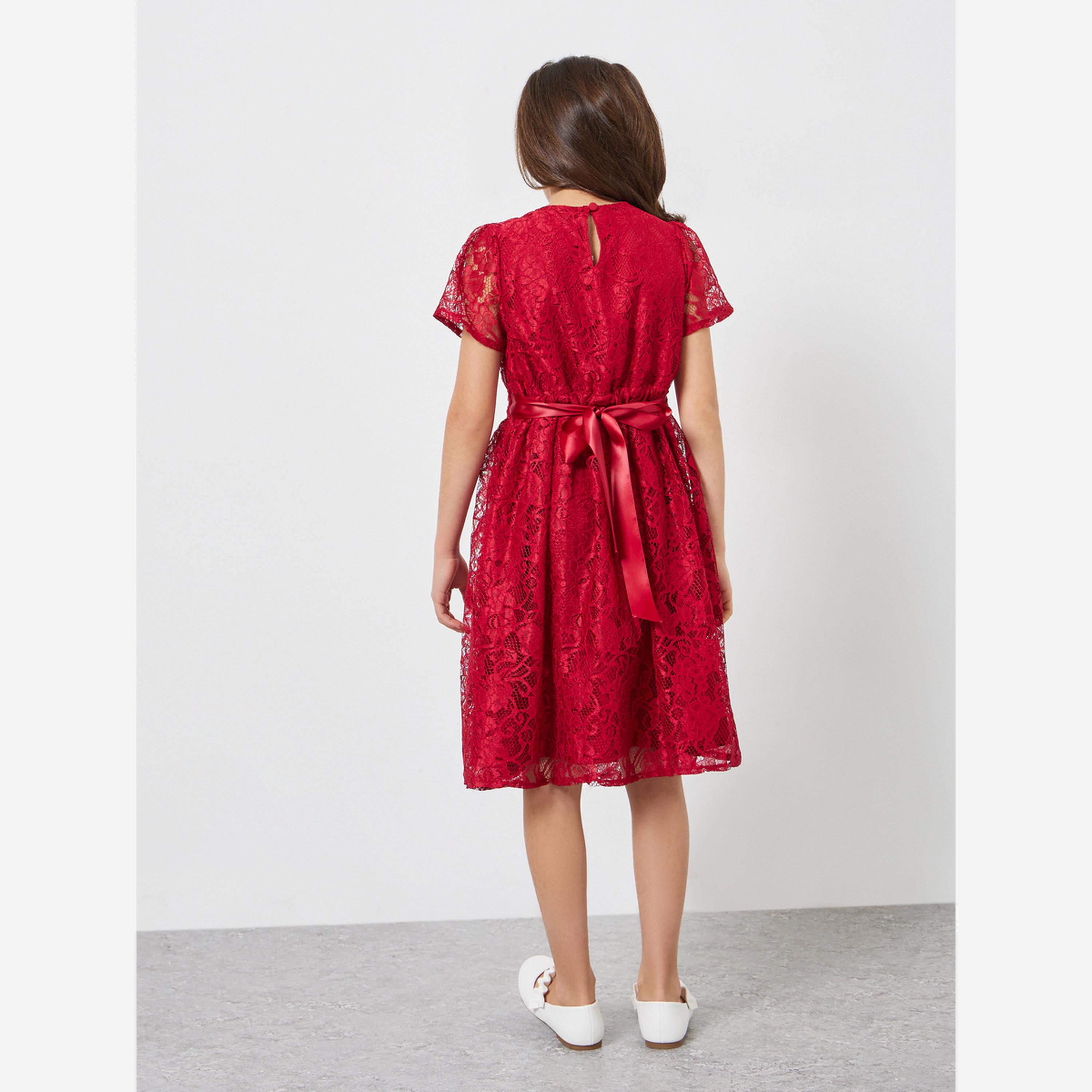 Styli Girls Red Lace A-Line Knee-Length Dress-girls-clothing-dressesandjumpsuits-image-4