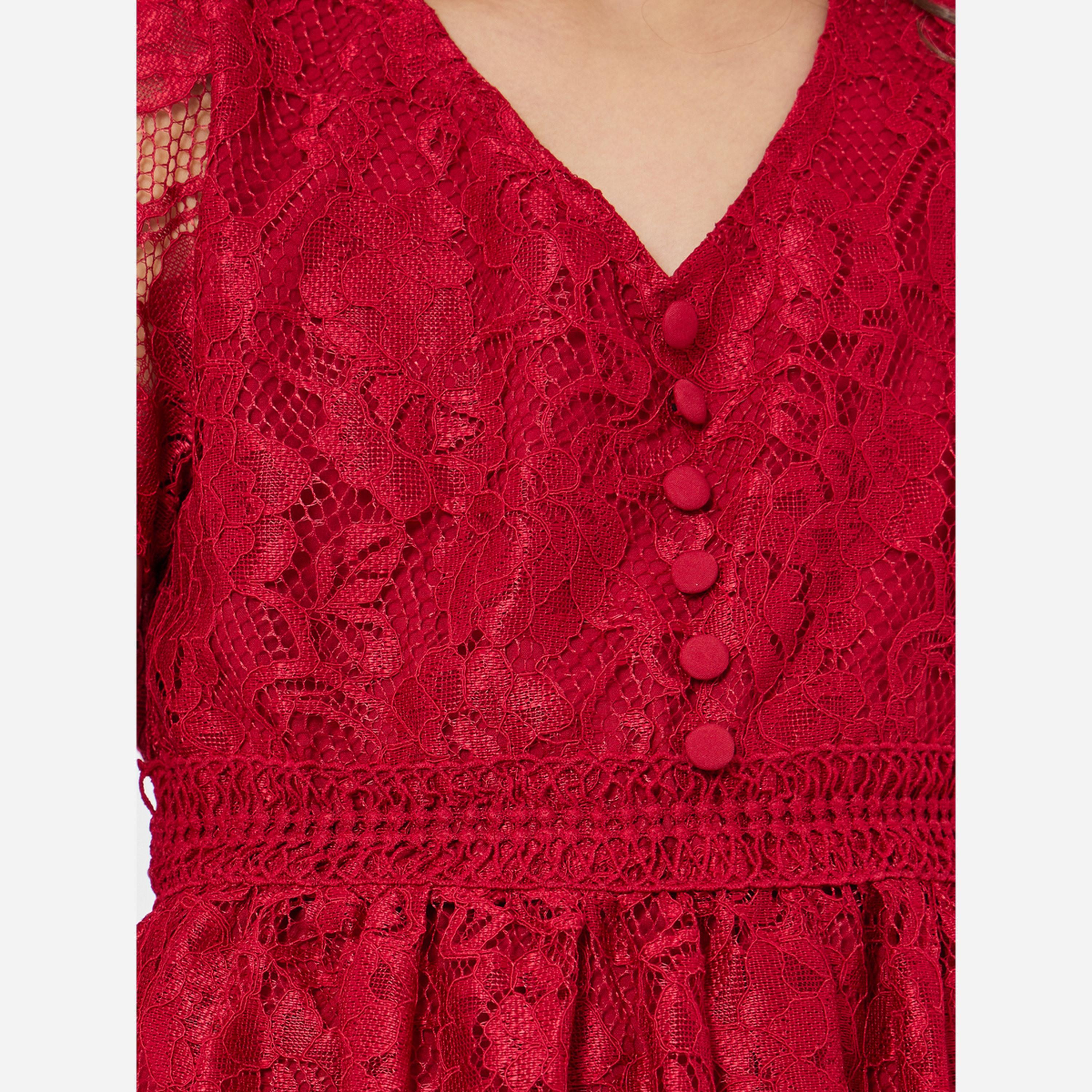 Styli Girls Red Lace A-Line Knee-Length Dress-girls-clothing-dressesandjumpsuits-image-5