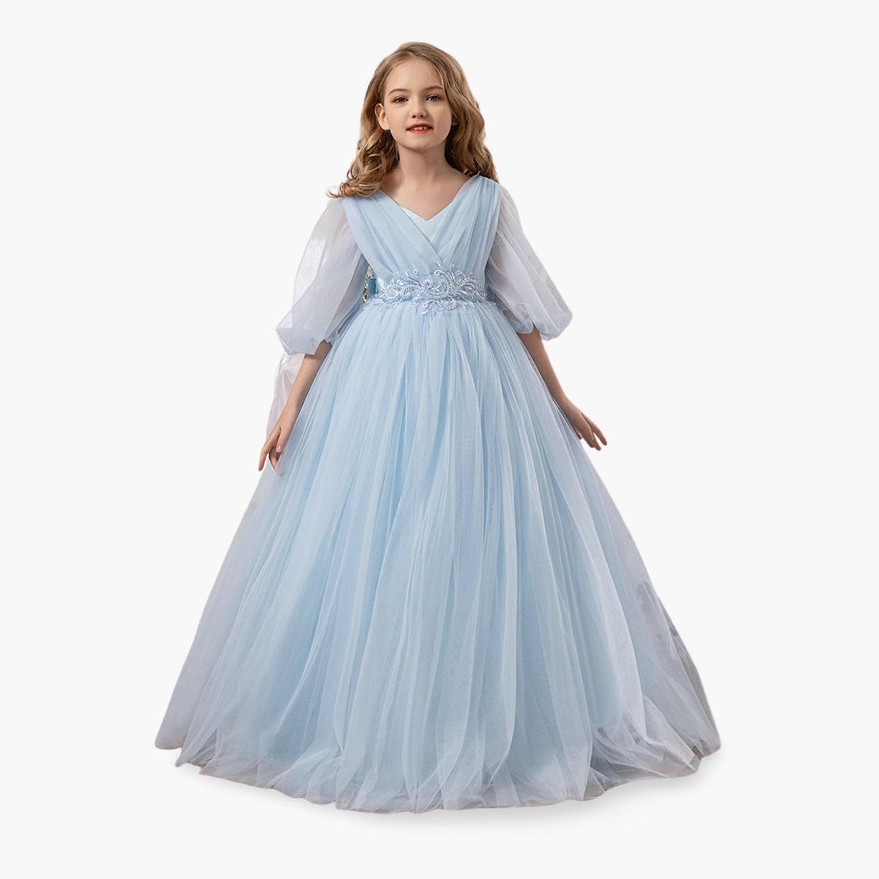 Take Two Blue Mesh Lace Detail Balloon Sleeve Dress-girls-clothing-dressesandjumpsuits-image-1
