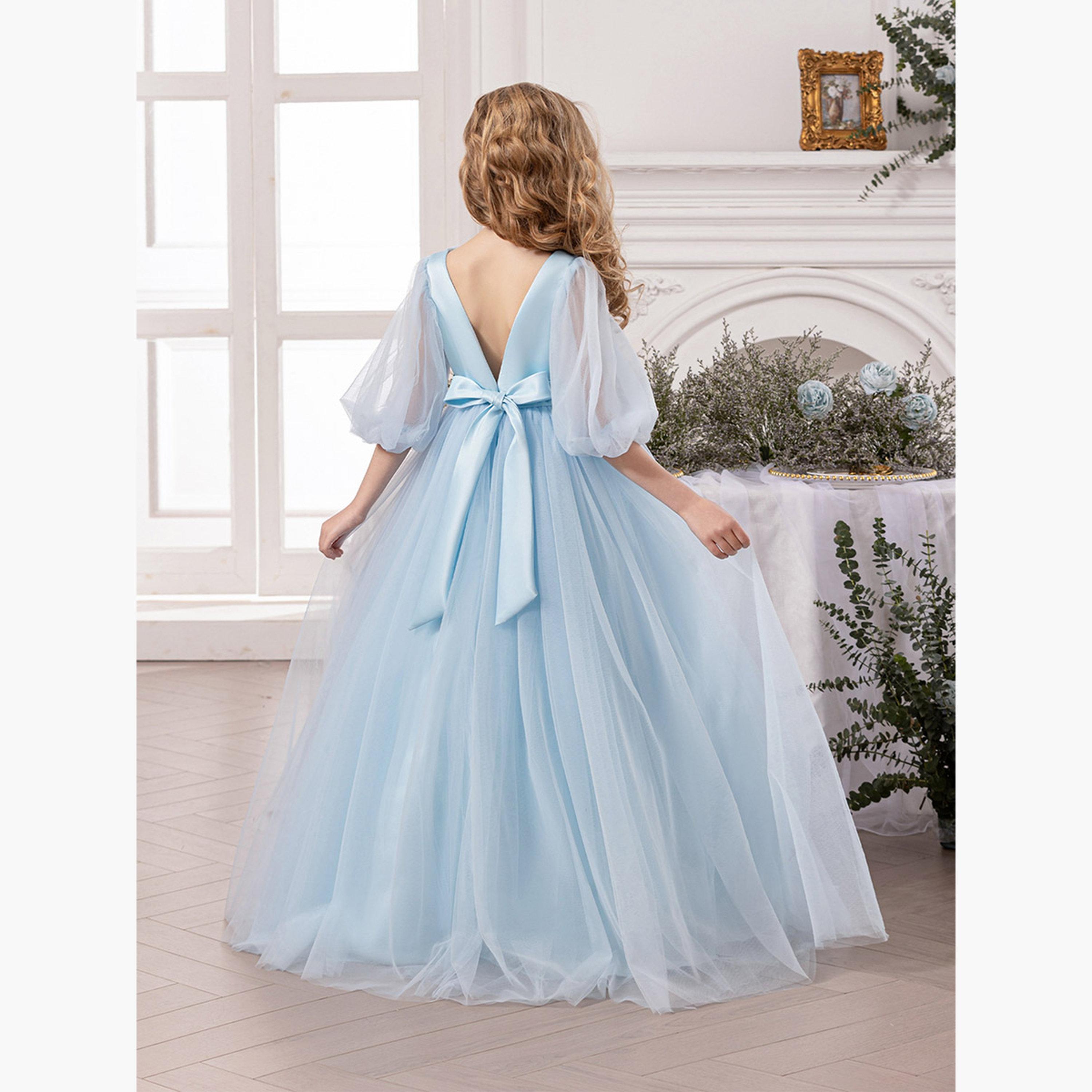 تيك تو - فستان أزرق بأكمام منفوخة وتفاصيل دانتيل شبكي-girls-clothing-dressesandjumpsuits-image-2