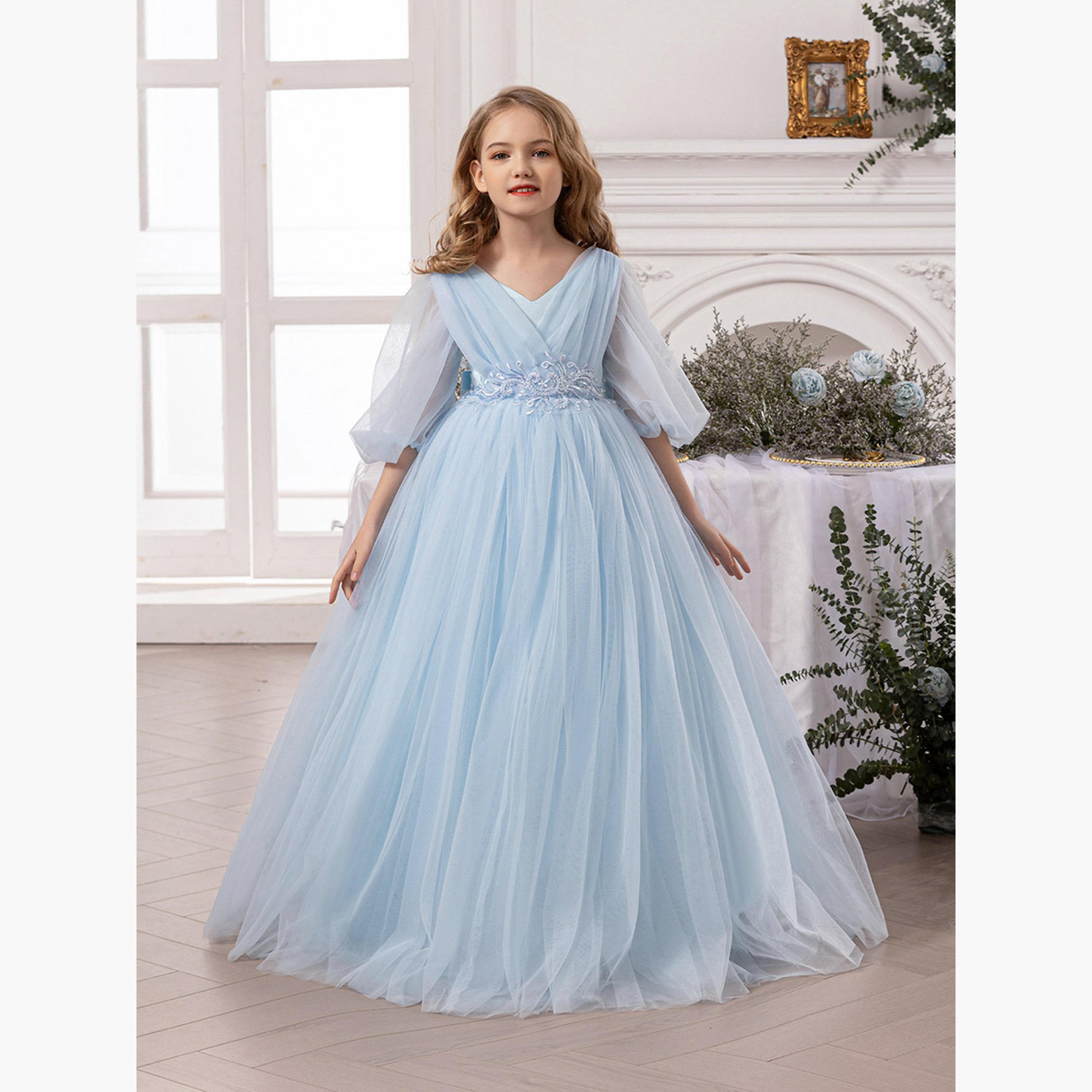 Take Two Blue Mesh Lace Detail Balloon Sleeve Dress-girls-clothing-dressesandjumpsuits-image-3