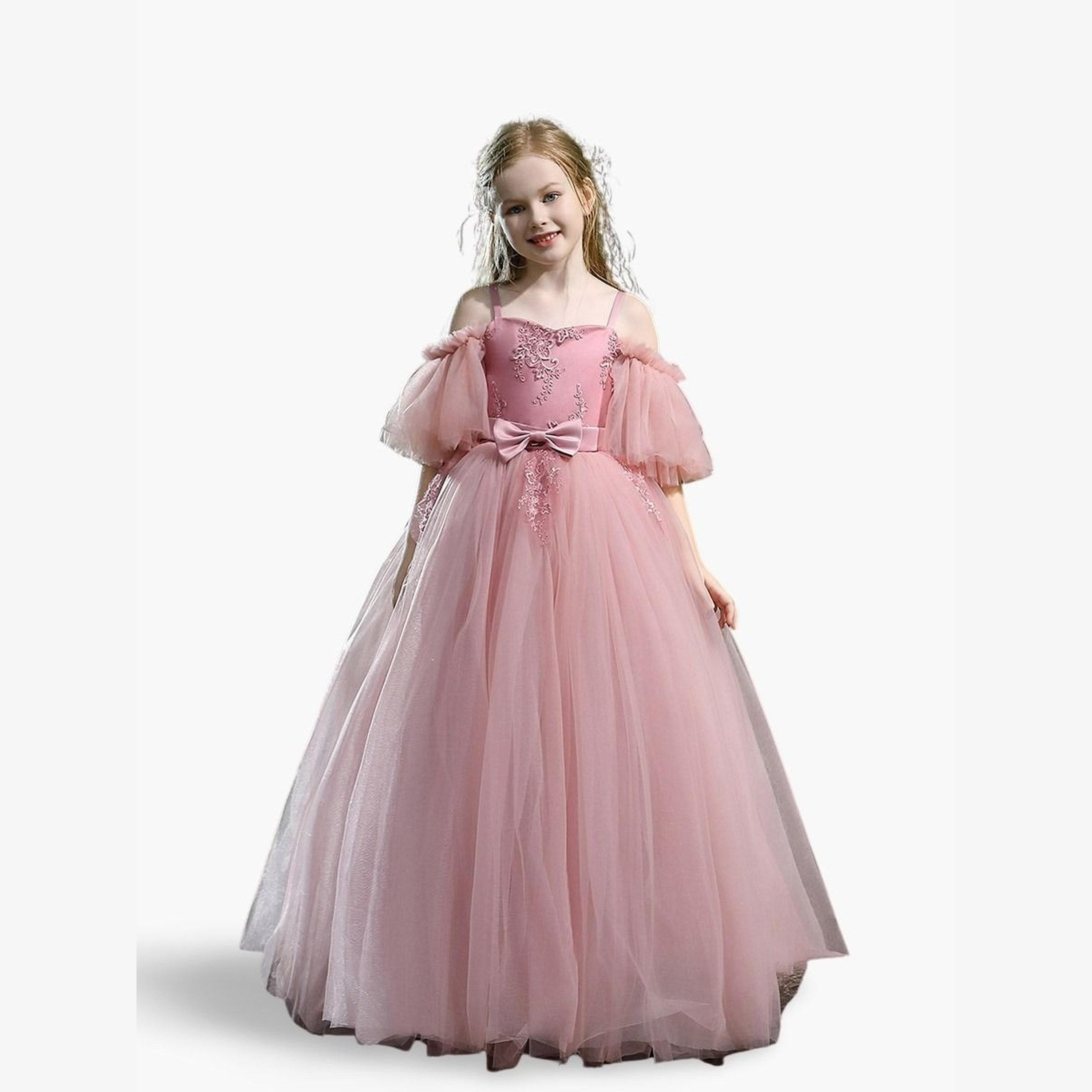 Take Two Girls Solid Lace Detail Bow DÃ©cor Cold Shoulder Princess Party Maxi Dress-girls-clothing-dressesandjumpsuits-image-1