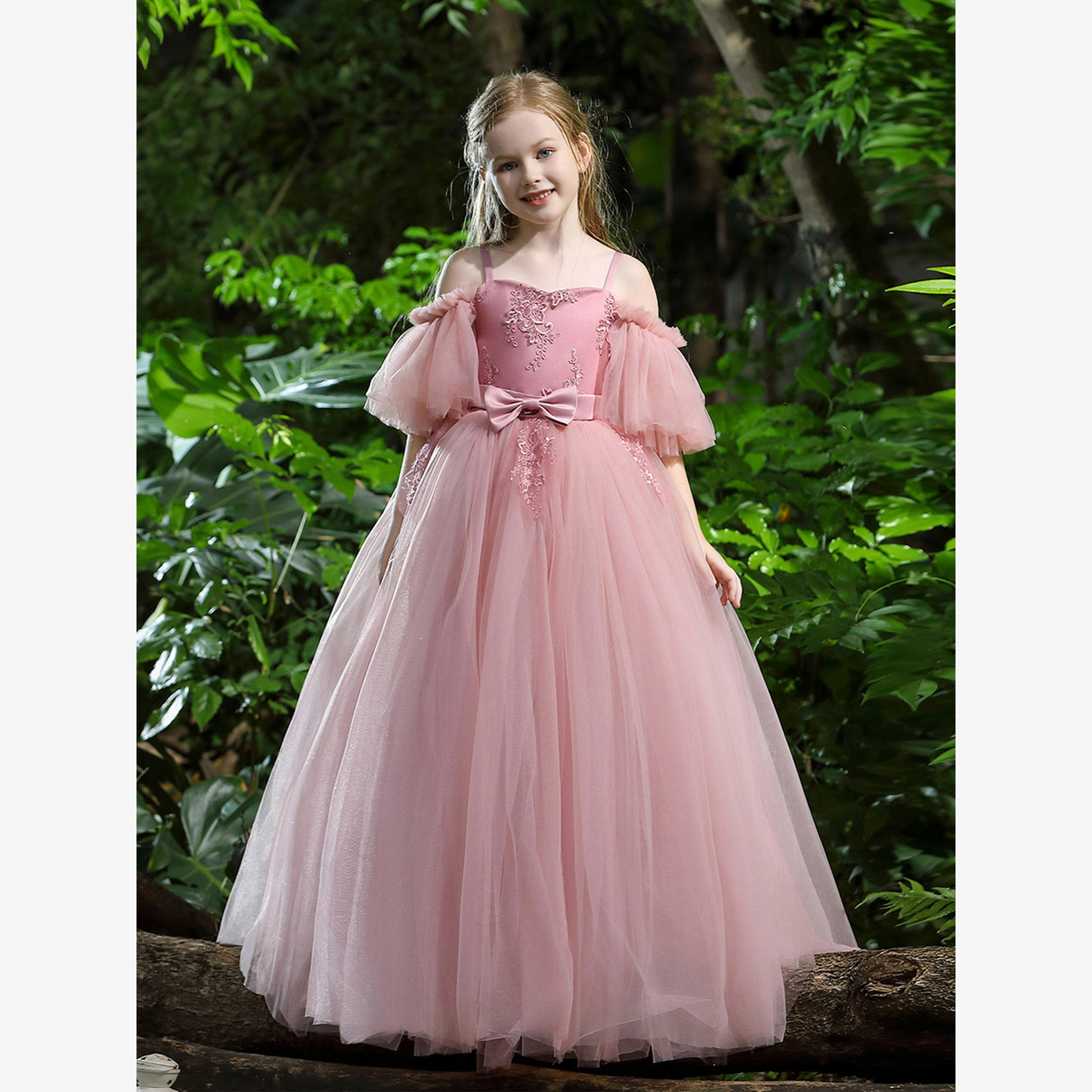 Take Two Girls Solid Lace Detail Bow DÃ©cor Cold Shoulder Princess Party Maxi Dress-girls-clothing-dressesandjumpsuits-image-2