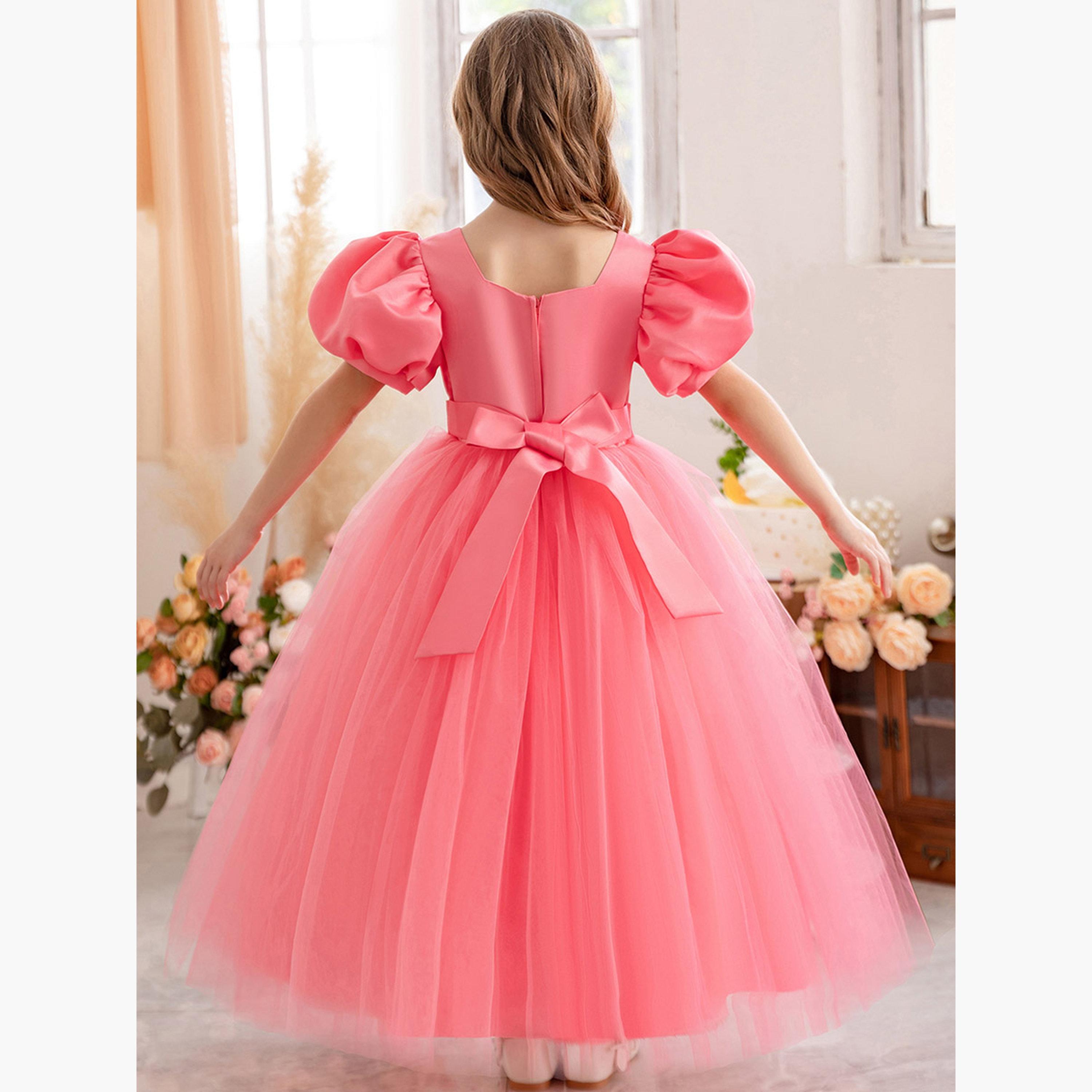 تيك تو - فستان مطوي مع تفاصيل فيونكة وإدراج شبكي-girls-clothing-dressesandjumpsuits-image-2