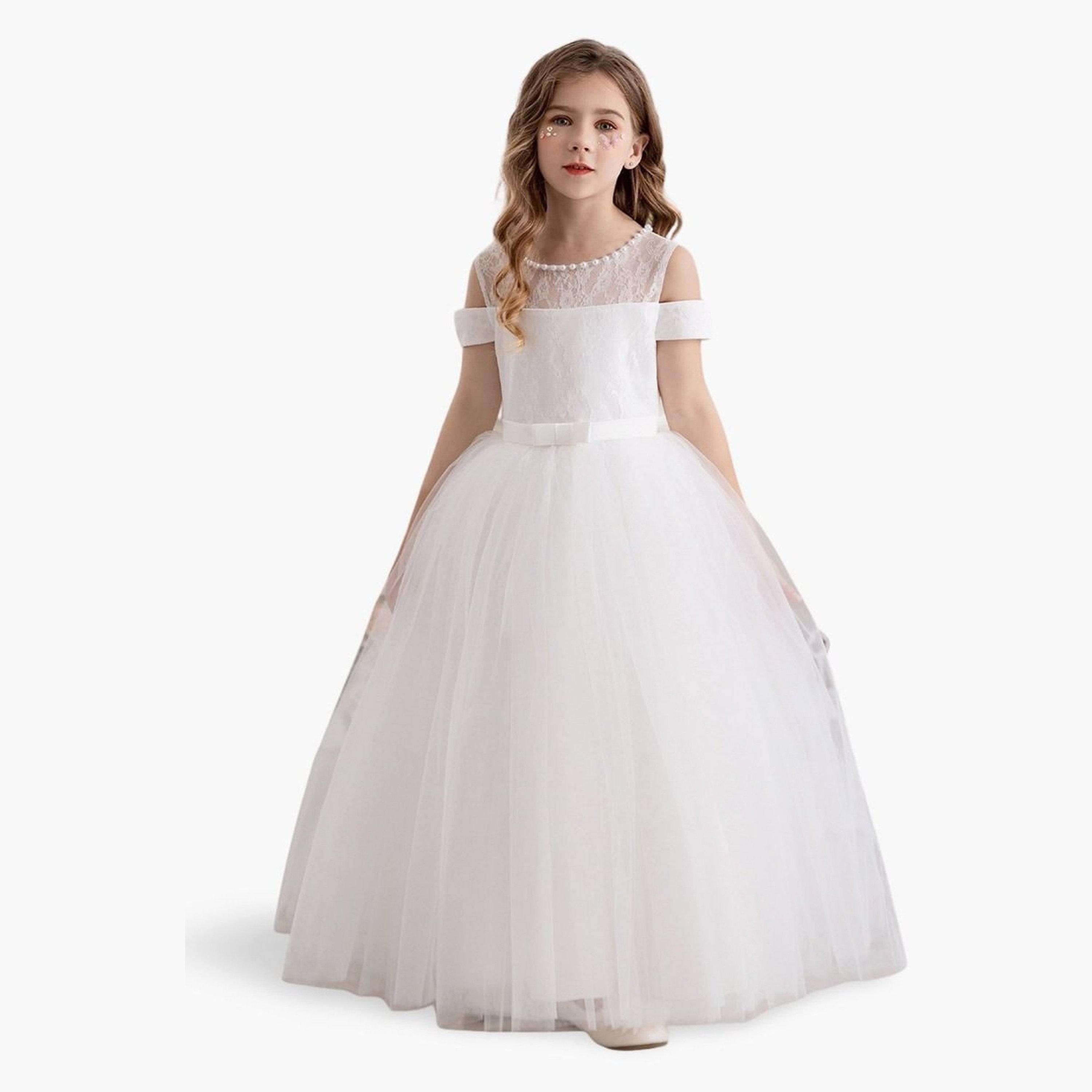 تيك تو - فستان مكشوف الكتفين مع تفاصيل فيونكة وإضافات من الدانتيل-girls-clothing-dressesandjumpsuits-image-1