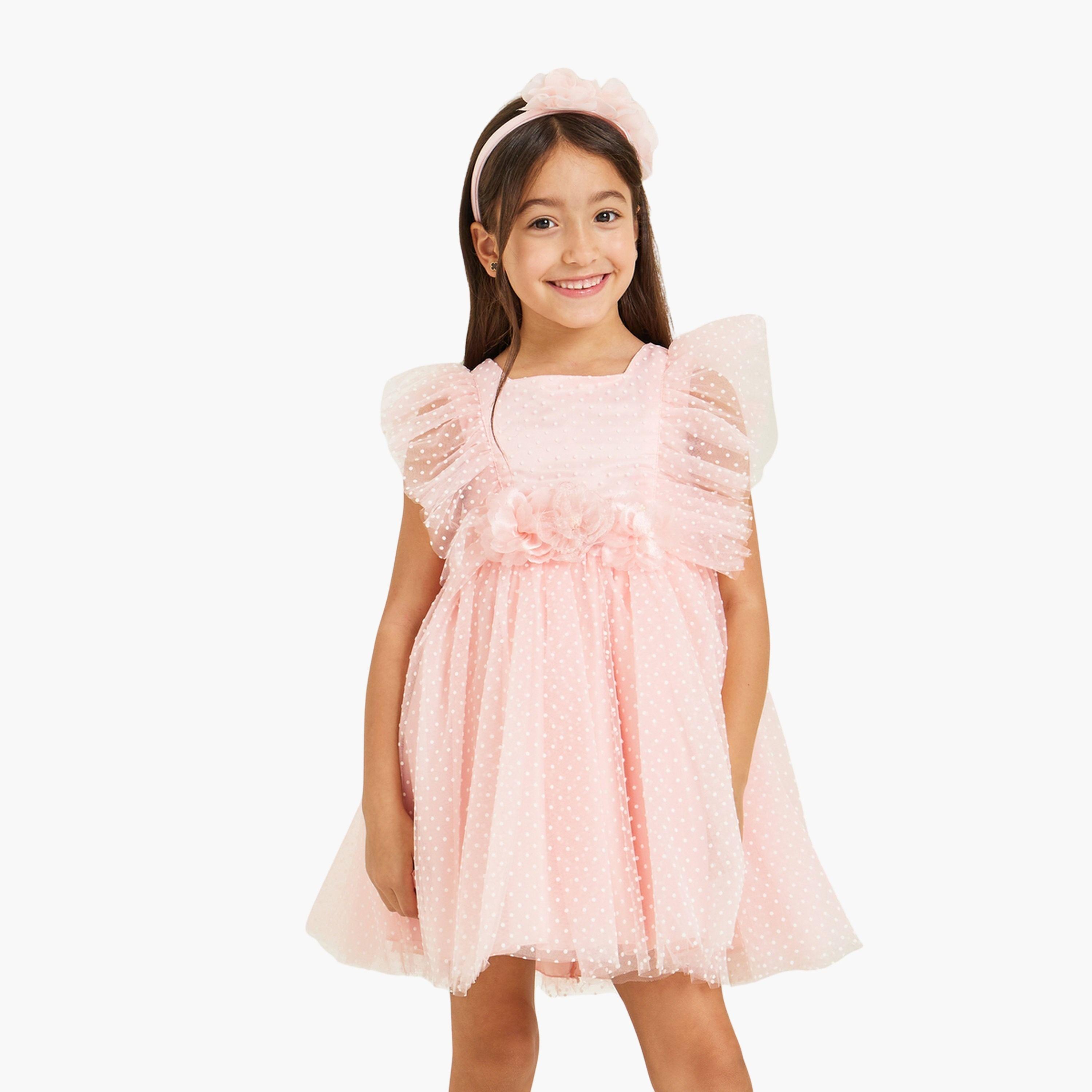فستان شبكي بخيوط دوبي وكشكش-girls-clothing-dressesandjumpsuits-image-1