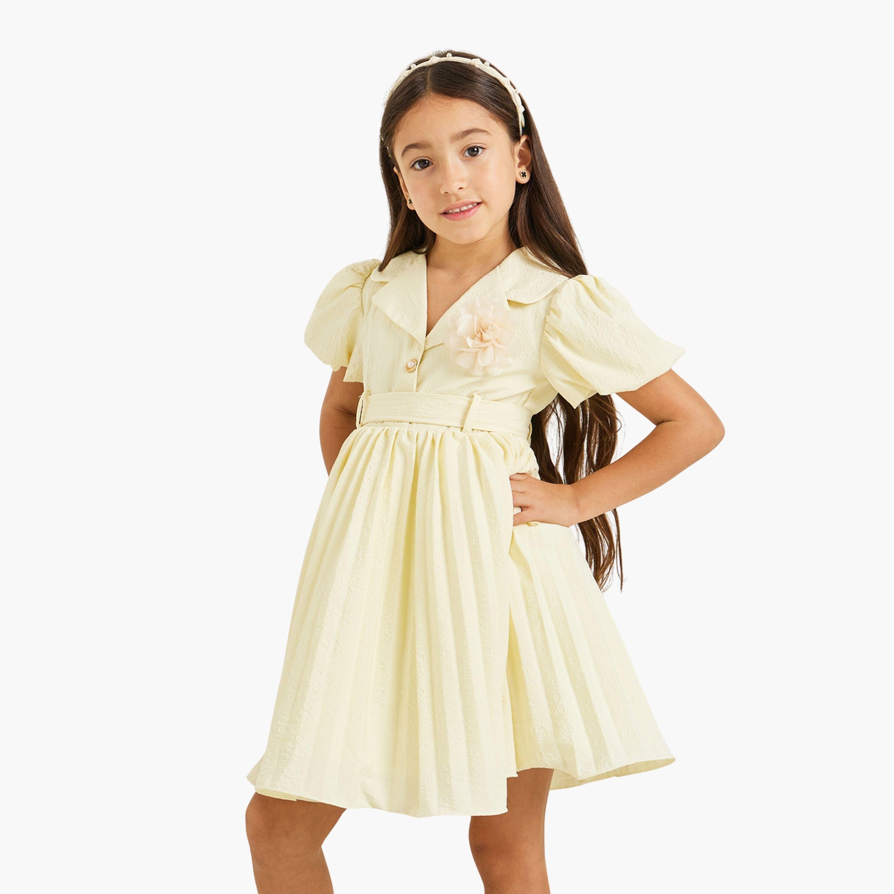 فستان بياقة وطيات مع حزام-girls-clothing-dressesandjumpsuits-image-1