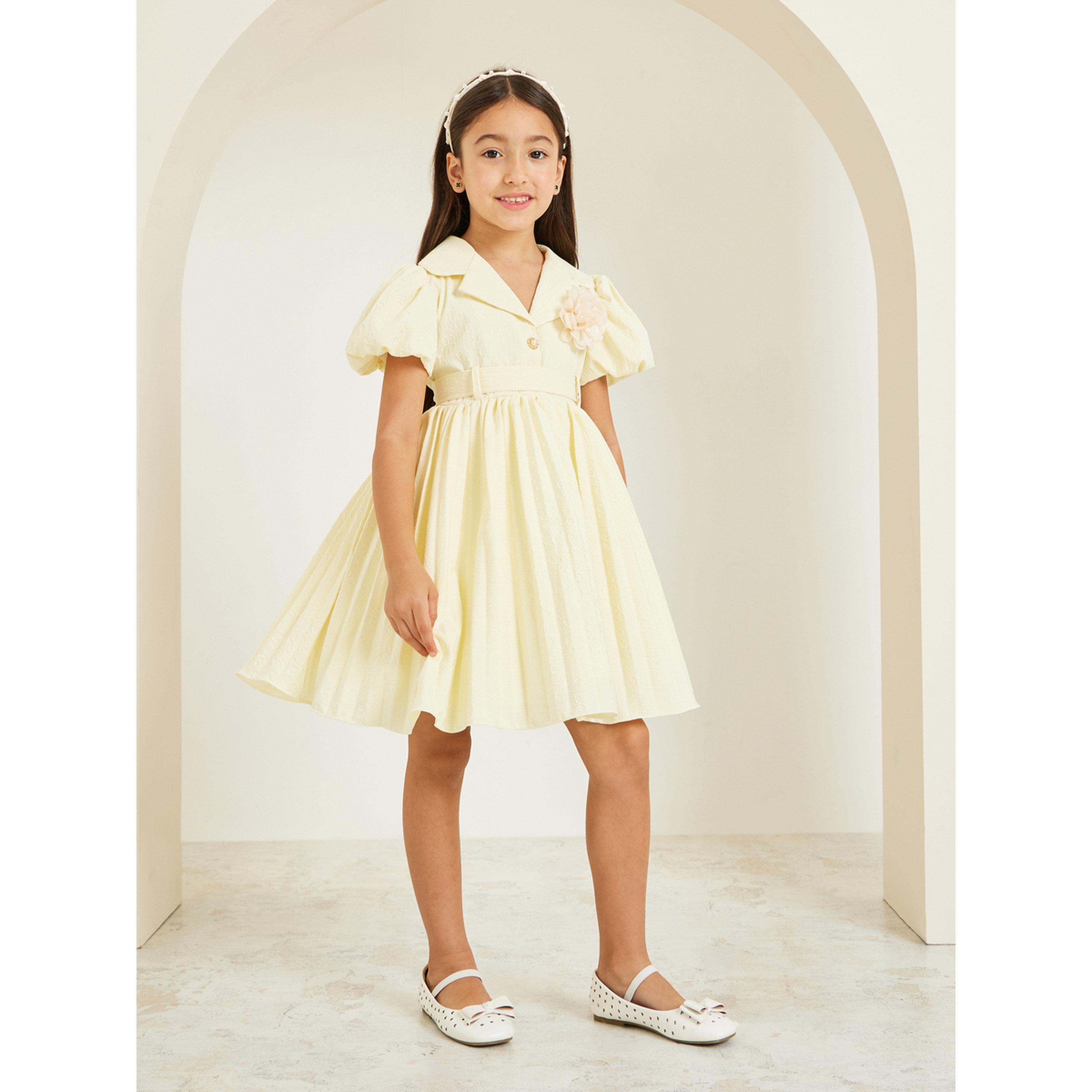 فستان بياقة وطيات مع حزام-girls-clothing-dressesandjumpsuits-image-2
