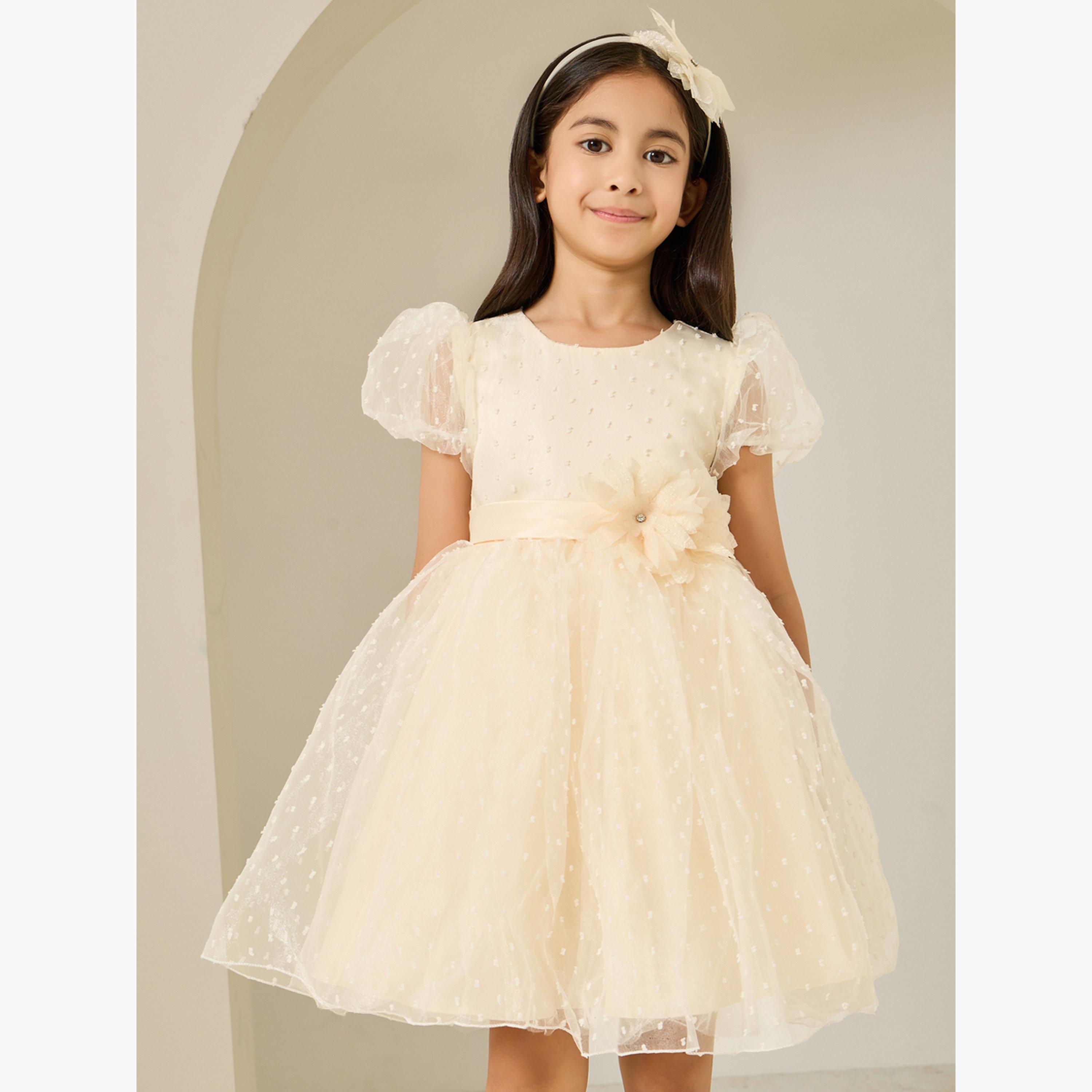 Styli Girls Cream Dobby Organza A-Line Dress-girls-clothing-dressesandjumpsuits-image-1