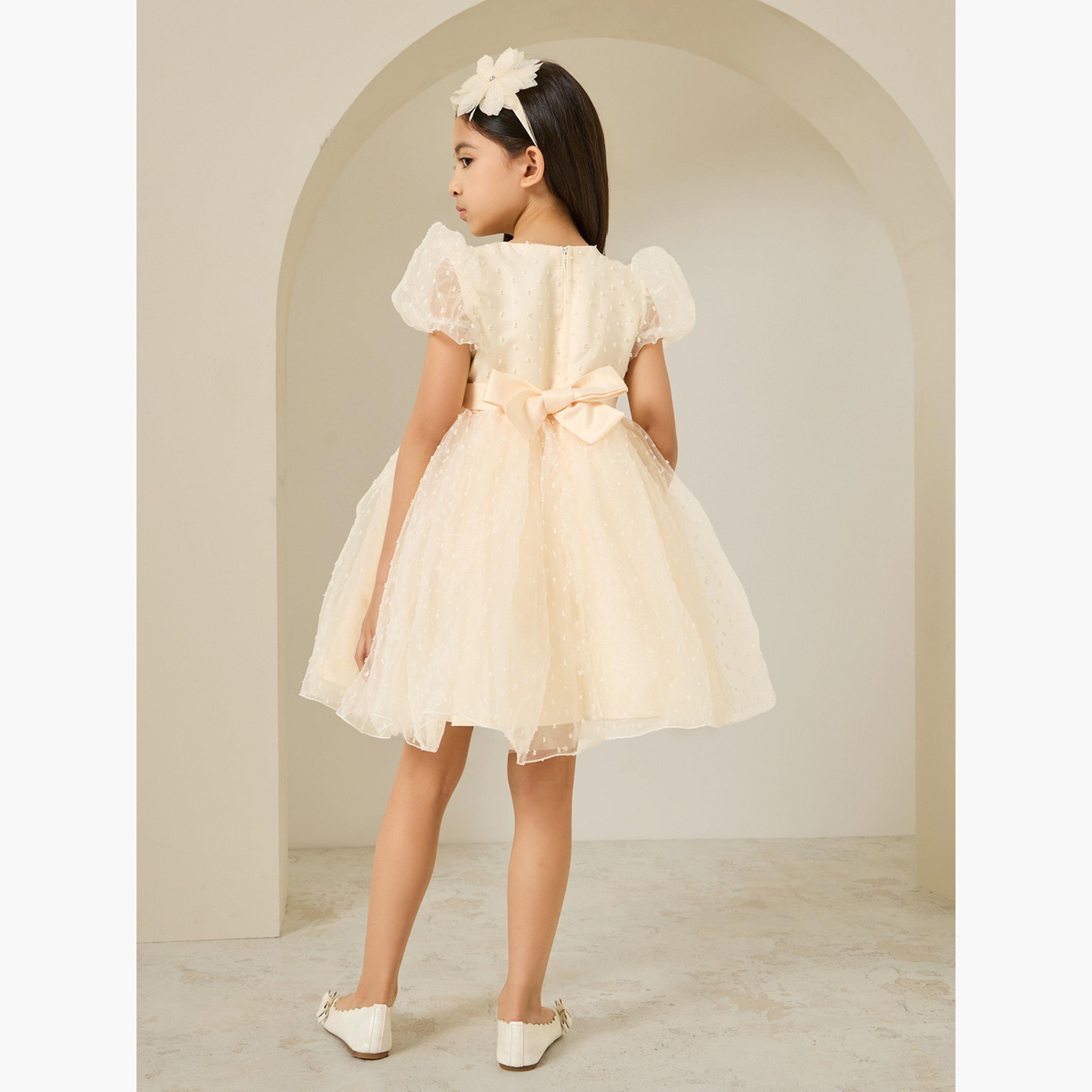 Styli Girls Cream Dobby Organza A-Line Dress-girls-clothing-dressesandjumpsuits-image-3