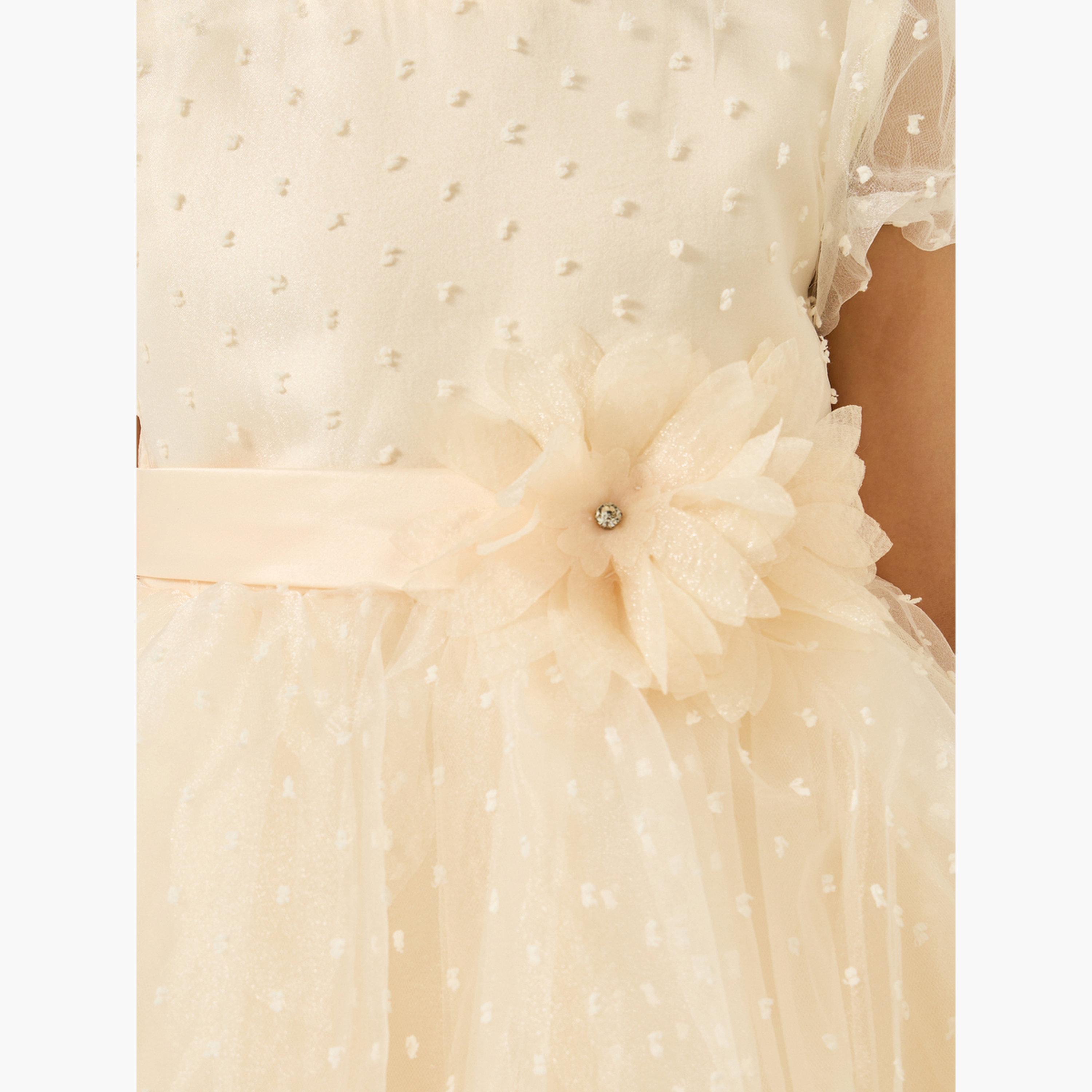 Styli Girls Cream Dobby Organza A-Line Dress-girls-clothing-dressesandjumpsuits-image-5
