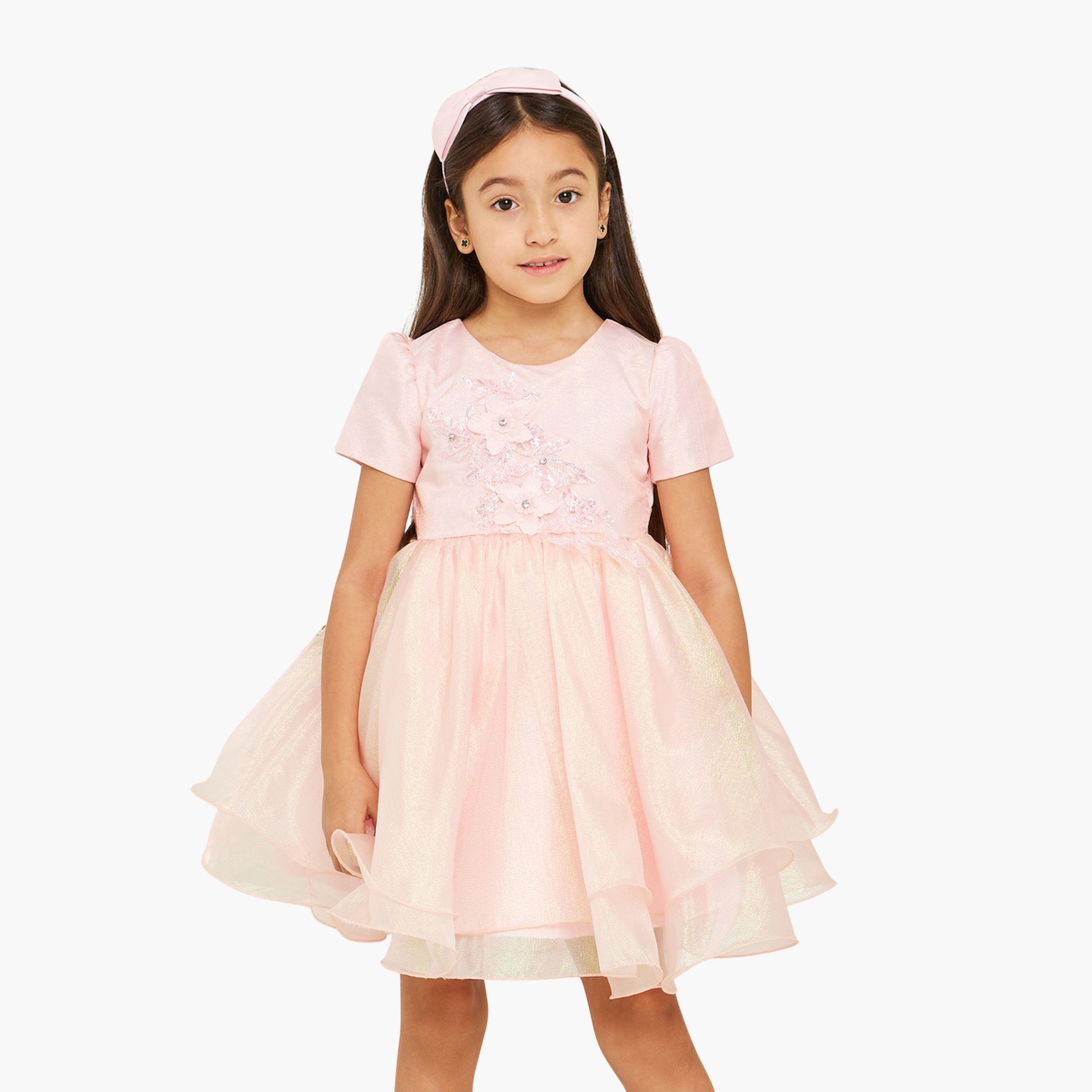 فستان أورجانزا منمق بأكمام قصيرة وطبقات-girls-clothing-dressesandjumpsuits-image-1