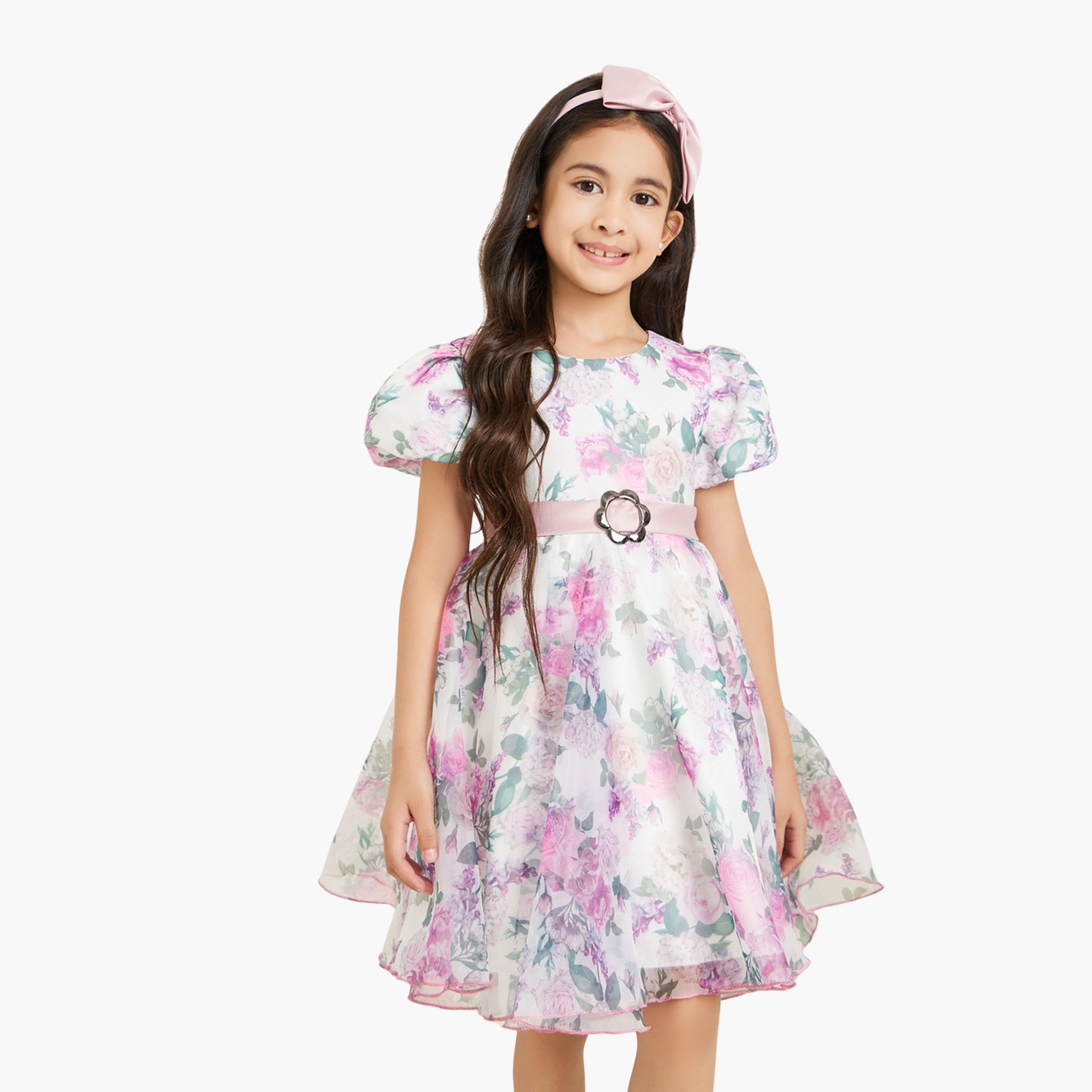 Styli Girls Floral Printed Puff Sleeve Dress with Bow Headband-girls-clothing-dressesandjumpsuits-image-1