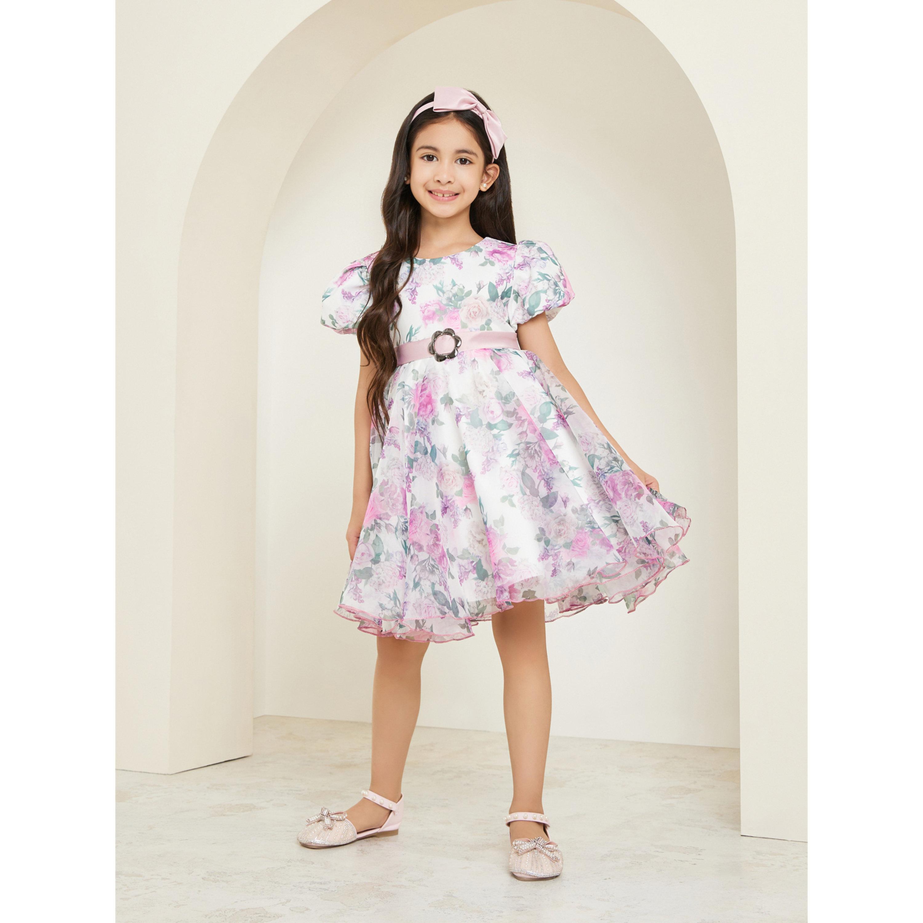 فستان بطبعة زهور وأكمام منفوخة مع ربطة رأس بفيونكة-girls-clothing-dressesandjumpsuits-image-2