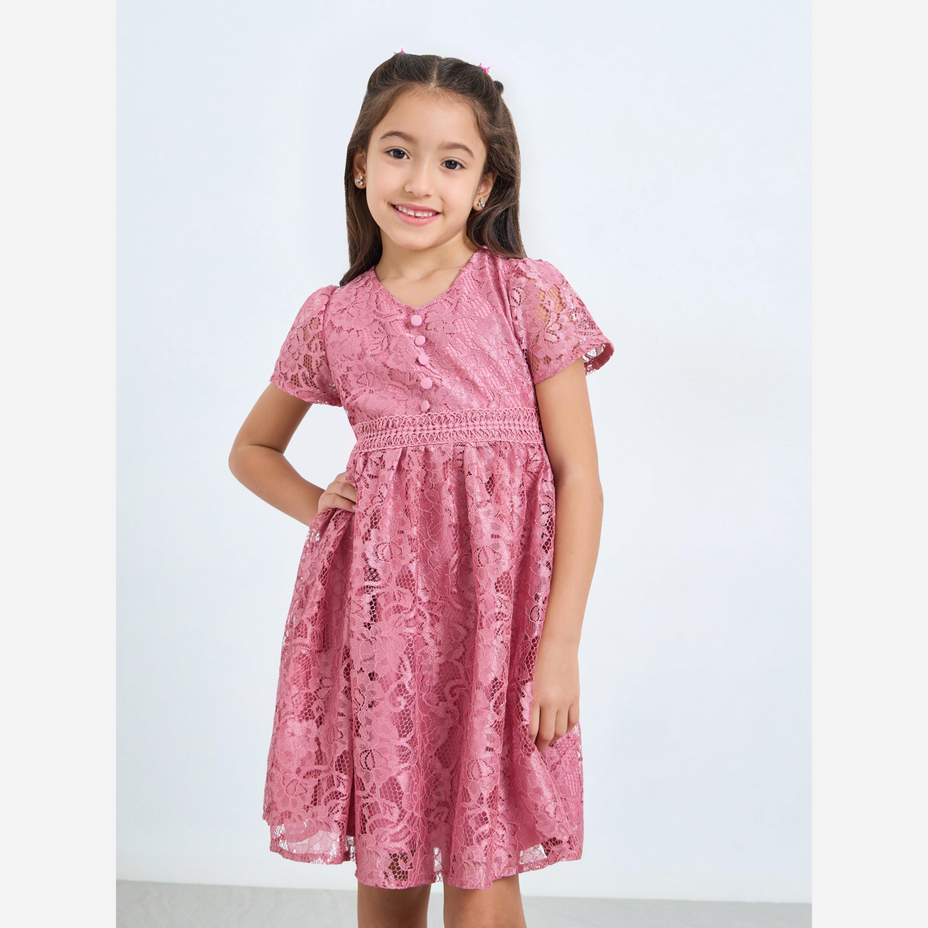 ستايلي - فستان بناتي دانتيل لون وردي تصميم A يصل إلى الركبة-girls-clothing-dressesandjumpsuits-image-1