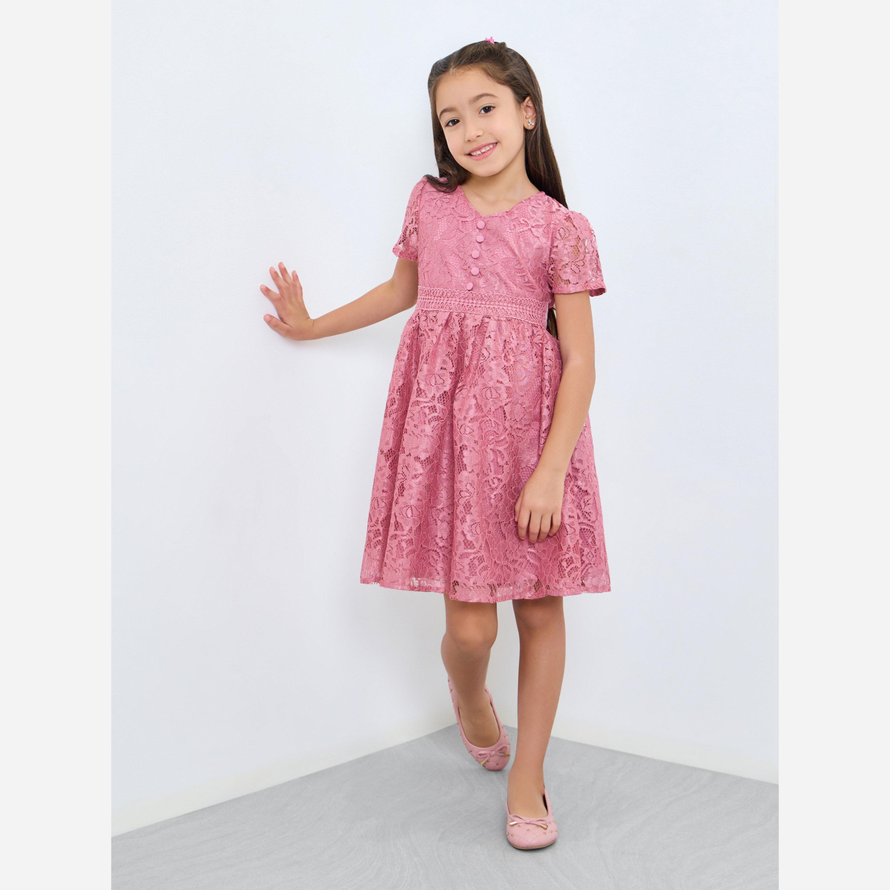 Styli Girls Pink Lace A-Line Knee-Length Dress-girls-clothing-dressesandjumpsuits-image-2