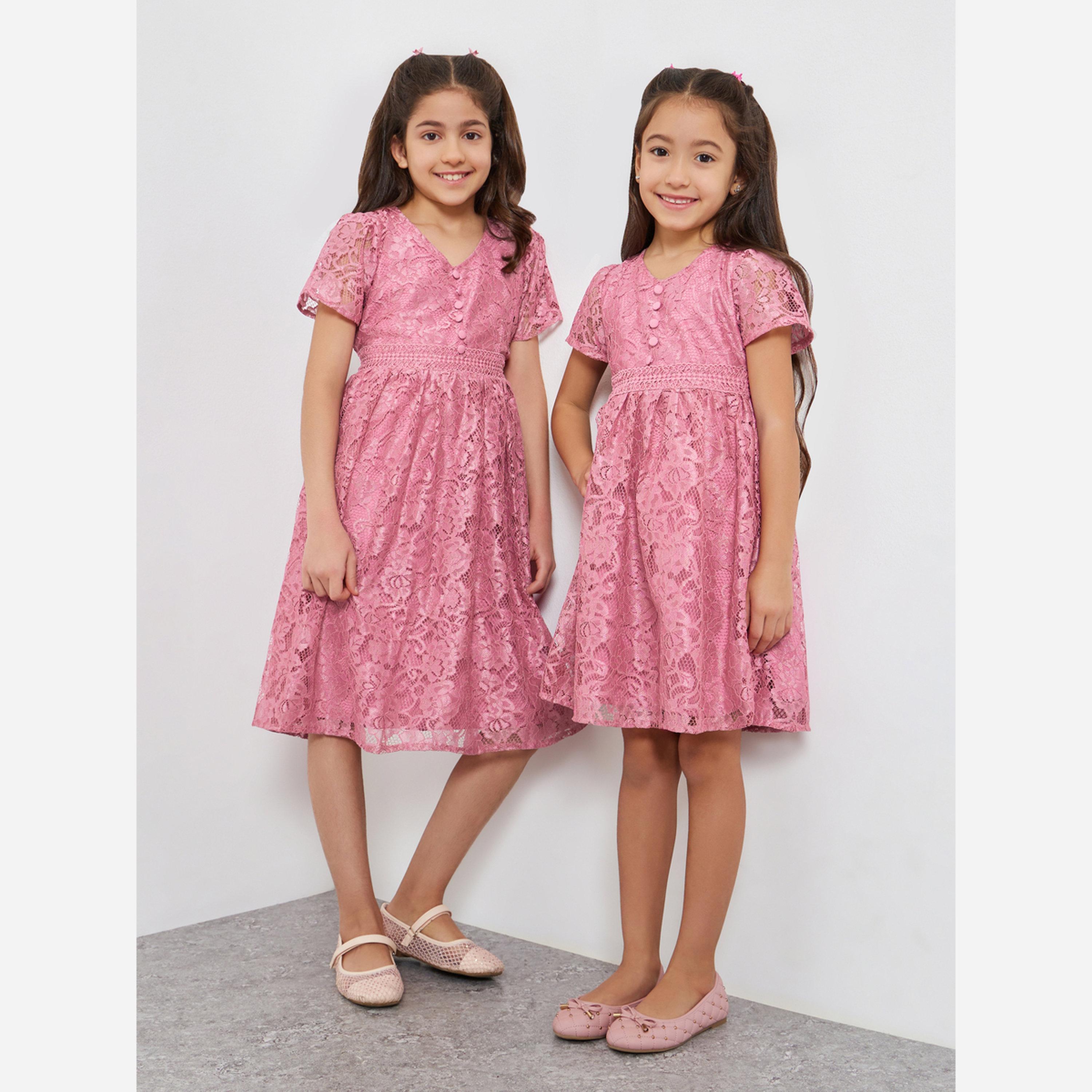 Styli Girls Pink Lace A-Line Knee-Length Dress-girls-clothing-dressesandjumpsuits-image-3