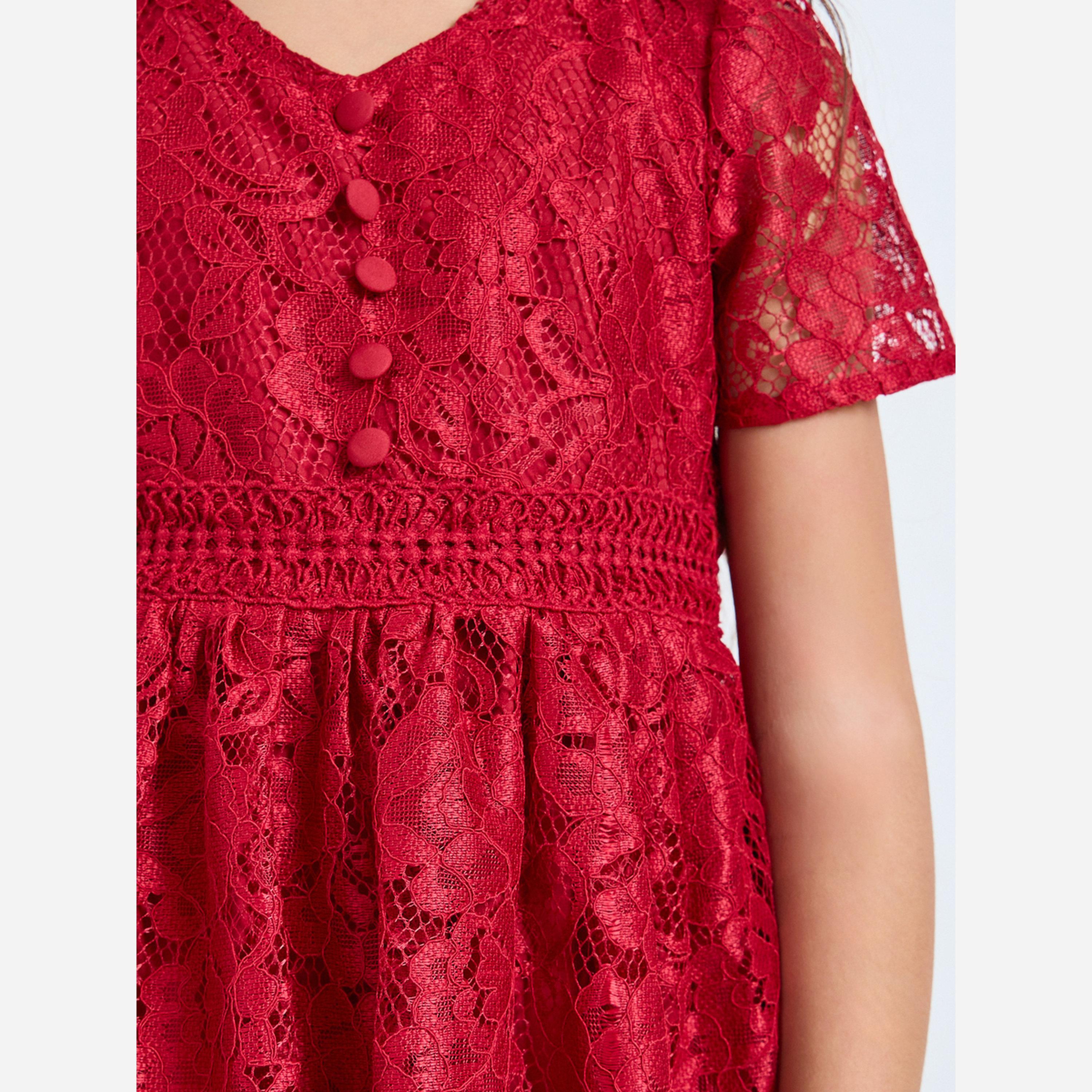 ستايلي - فستان بناتي دانتيل لون أحمر تصميم A يصل إلى الركبة-girls-clothing-dressesandjumpsuits-image-3
