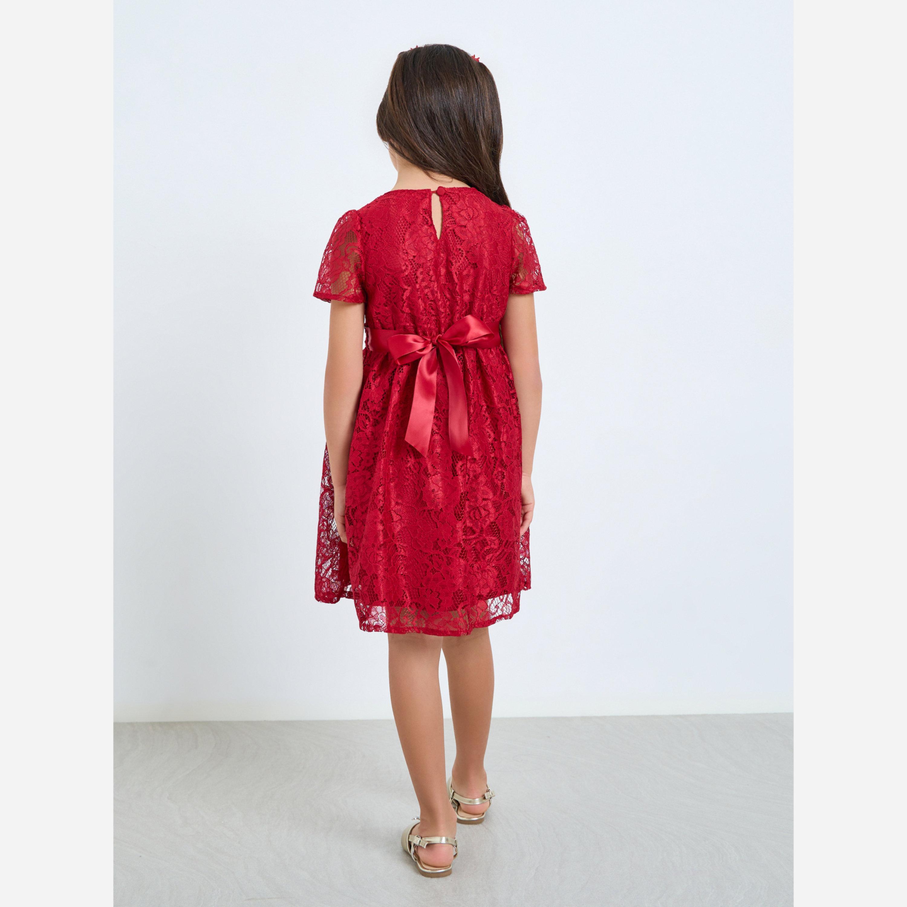 ستايلي - فستان بناتي دانتيل لون أحمر تصميم A يصل إلى الركبة-girls-clothing-dressesandjumpsuits-image-4