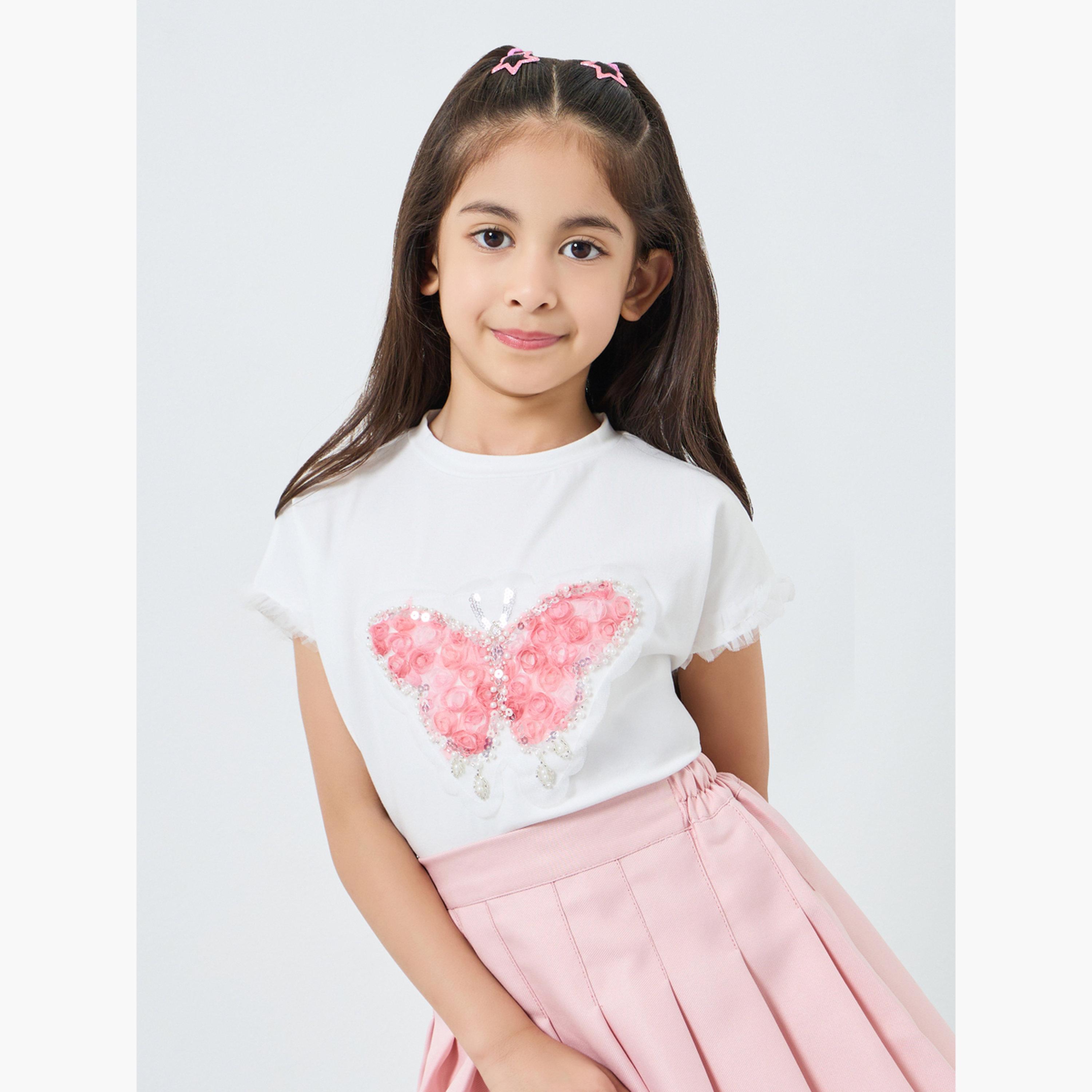 Styli Girls Off-White Butterfly Applique T-Shirt-girls-clothing-tshirts-image-3