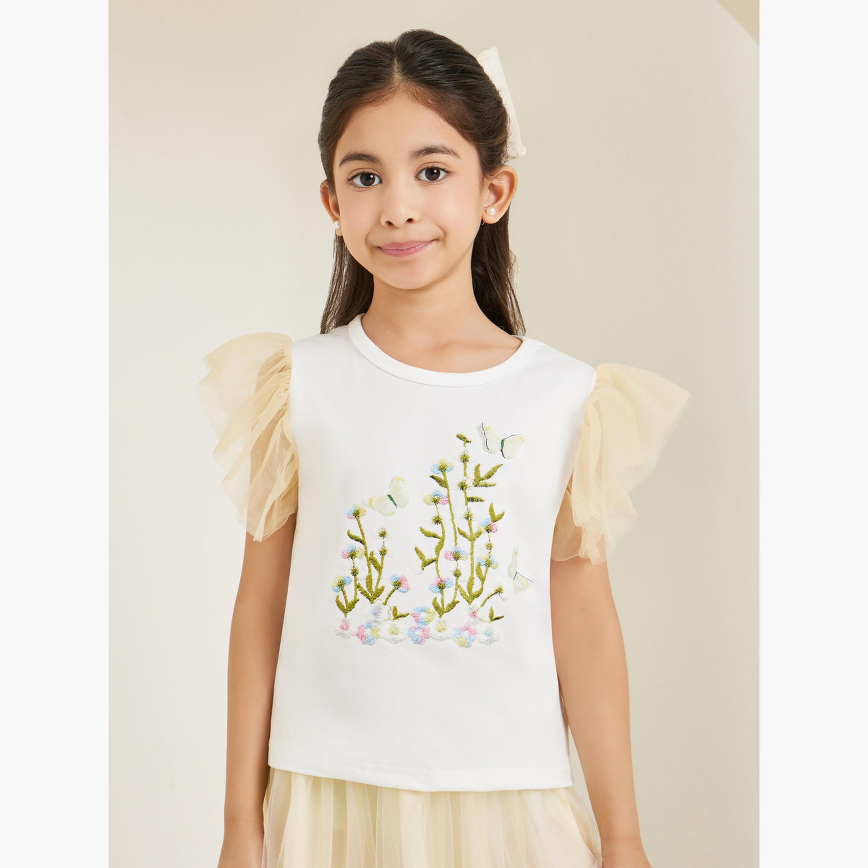 Styli Girls Embroidered T-shirt and Mesh Skirt Set-girls-clothing-setsandcoords-image-2