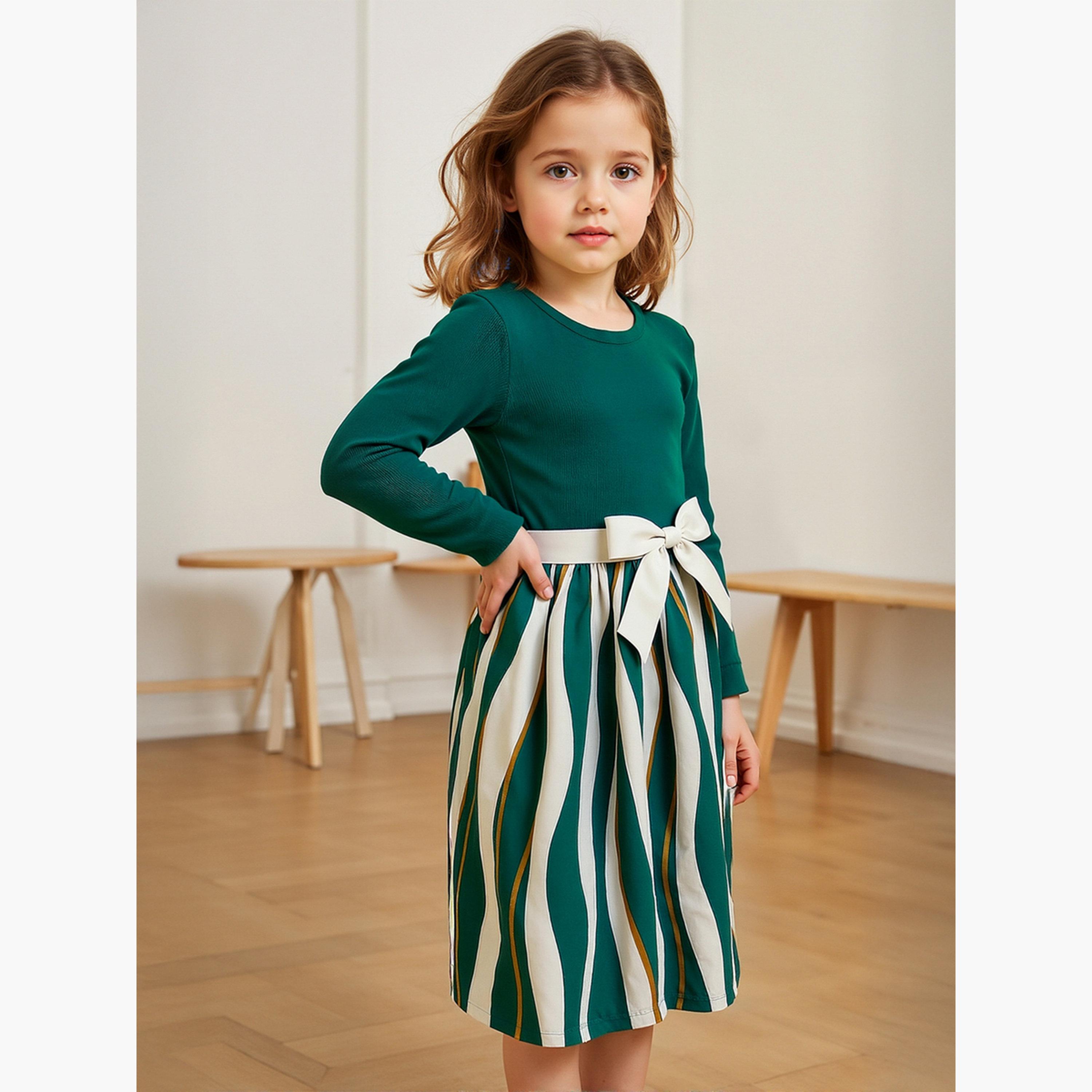 تيك تو - فستان مخطط محبوك مزين بفيونكة-girls-clothing-dressesandjumpsuits-image-4