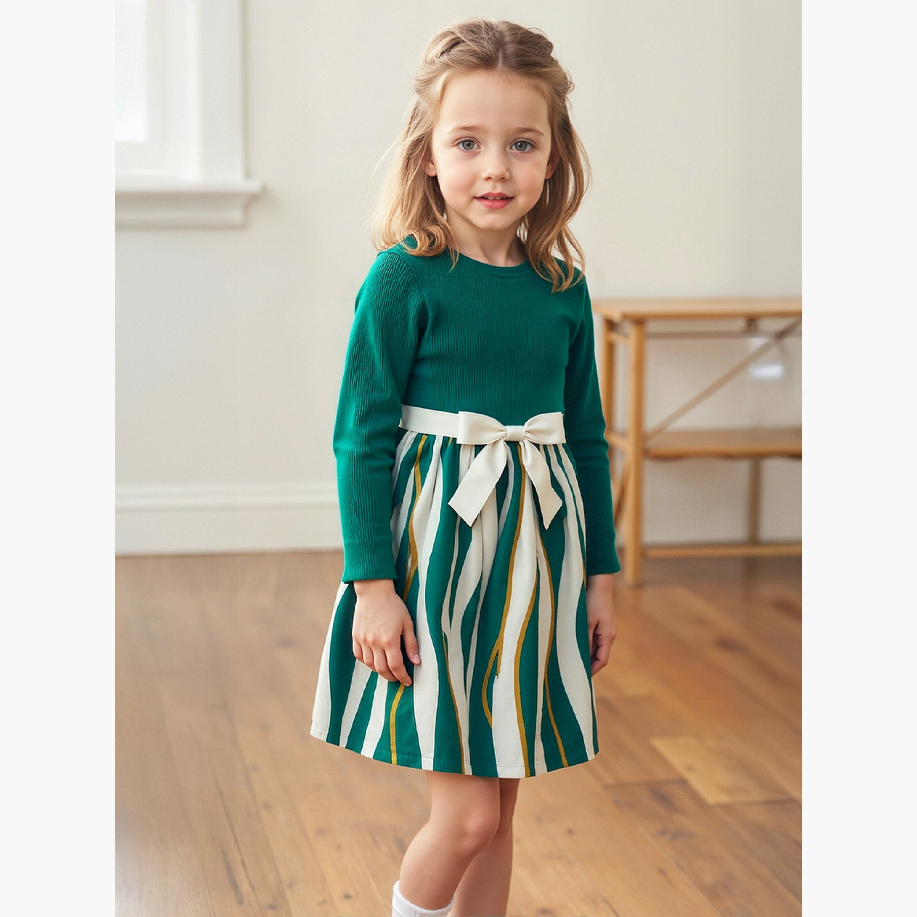تيك تو - فستان مخطط محبوك مزين بفيونكة-girls-clothing-dressesandjumpsuits-image-5