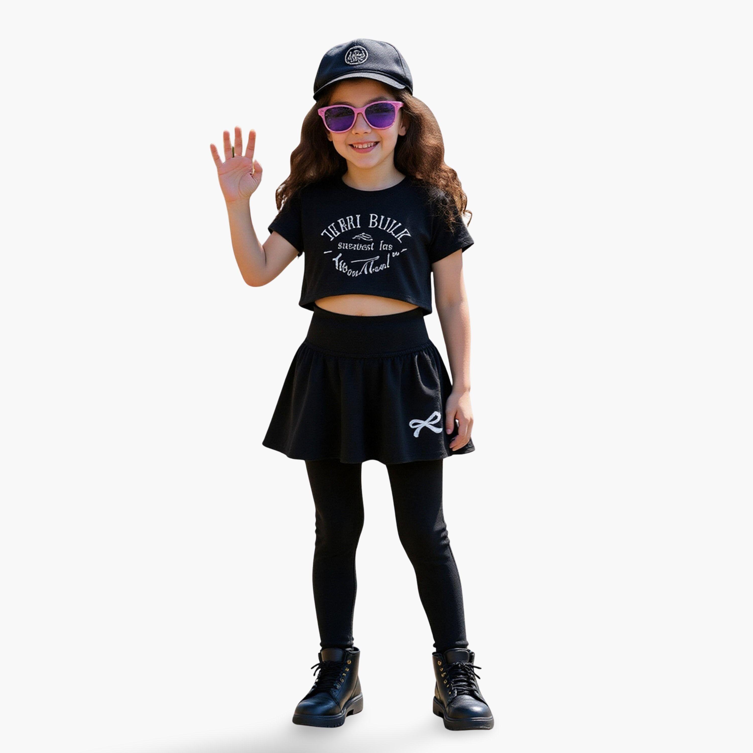 تيك تو - طقم تنورة بطبعة بفيونكة سادة مع بنطال ضيق-girls-clothing-schoolwear-bottoms-skirt-image-1