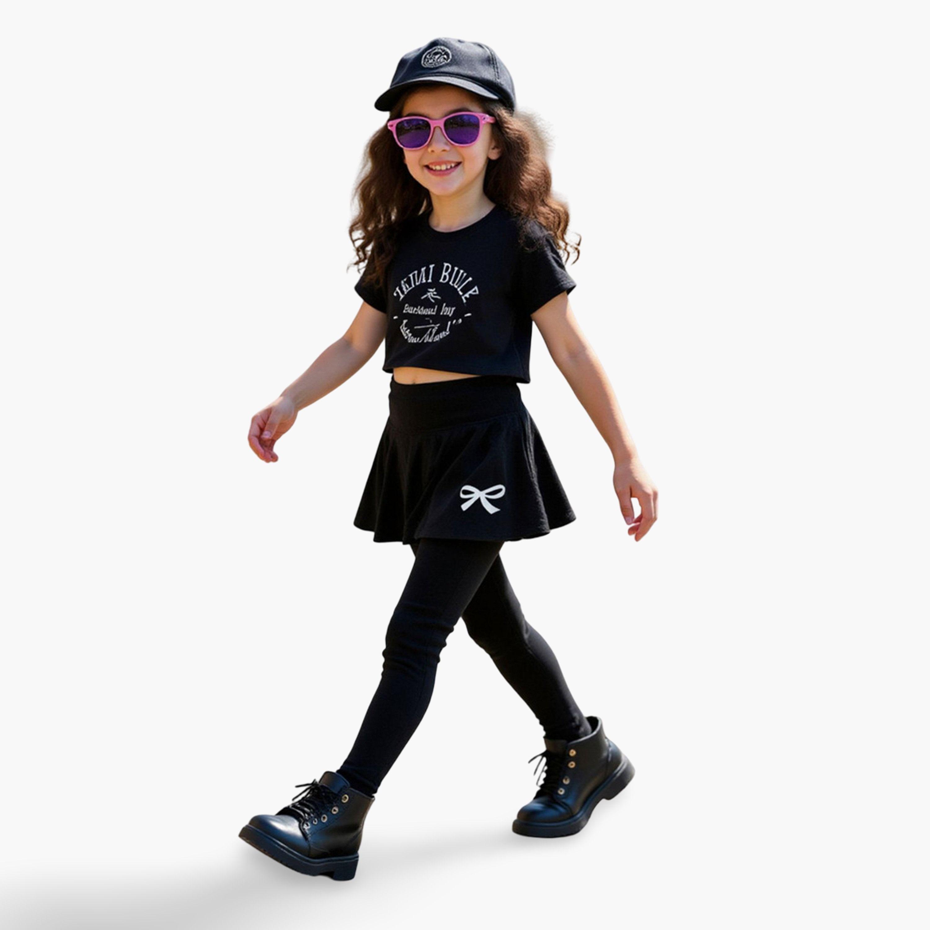 Take Two Solid Bow Printed Skirt with Leggings Set-girls-clothing-schoolwear-bottoms-skirt-image-2