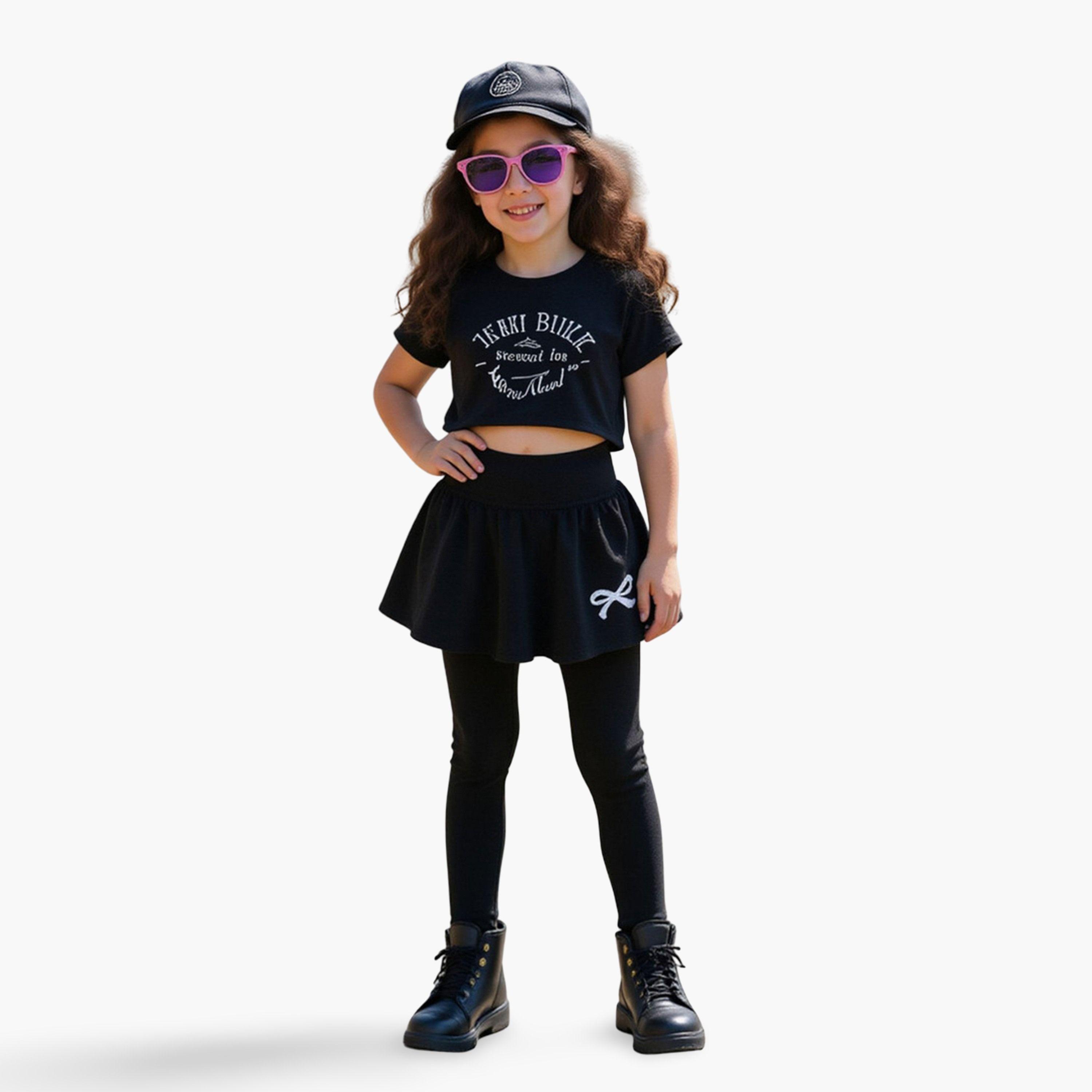 تيك تو - طقم تنورة بطبعة بفيونكة سادة مع بنطال ضيق-girls-clothing-schoolwear-bottoms-skirt-image-4