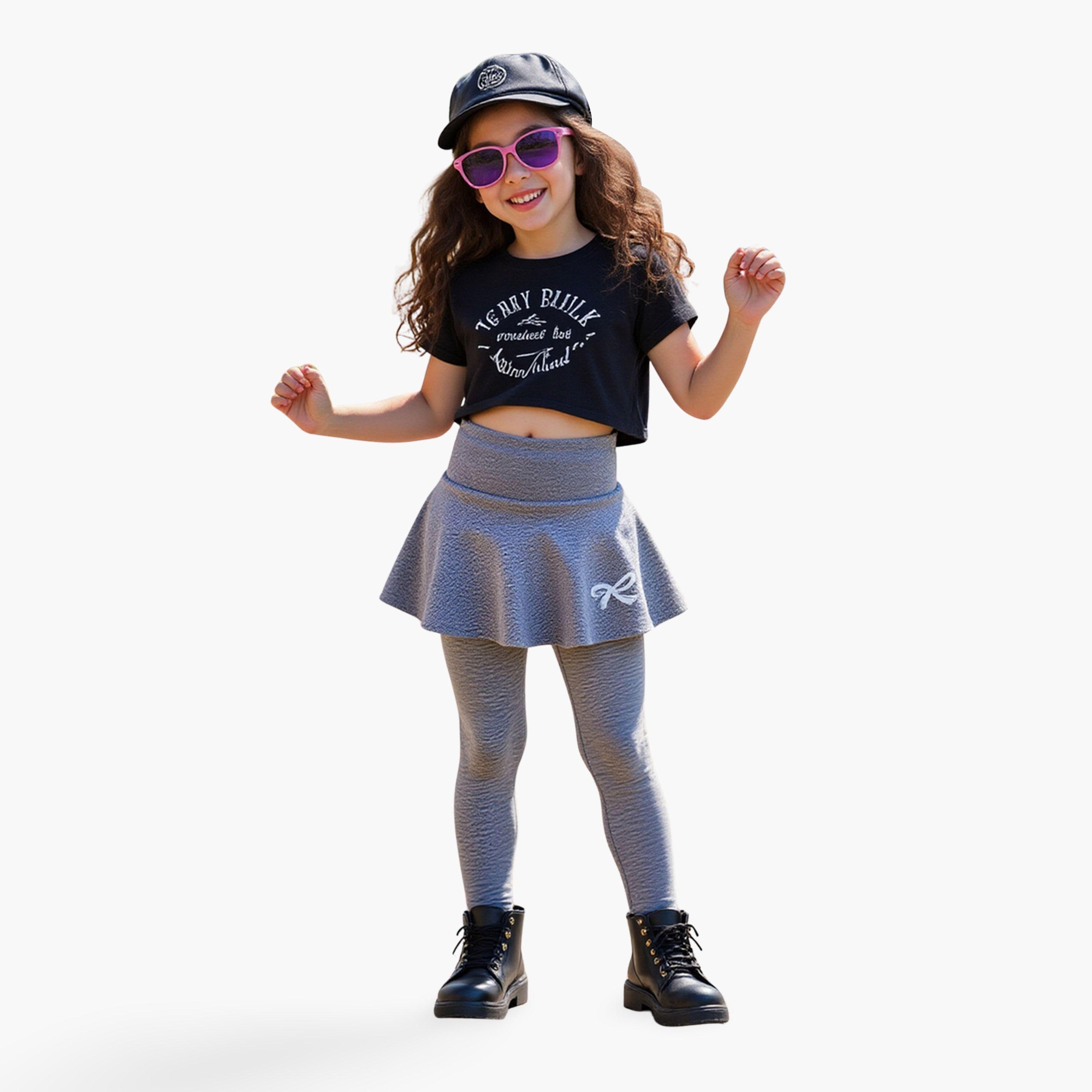 Take Two Solid Bow Printed Skirt with Leggings Set-girls-clothing-schoolwear-bottoms-skirt-image-1