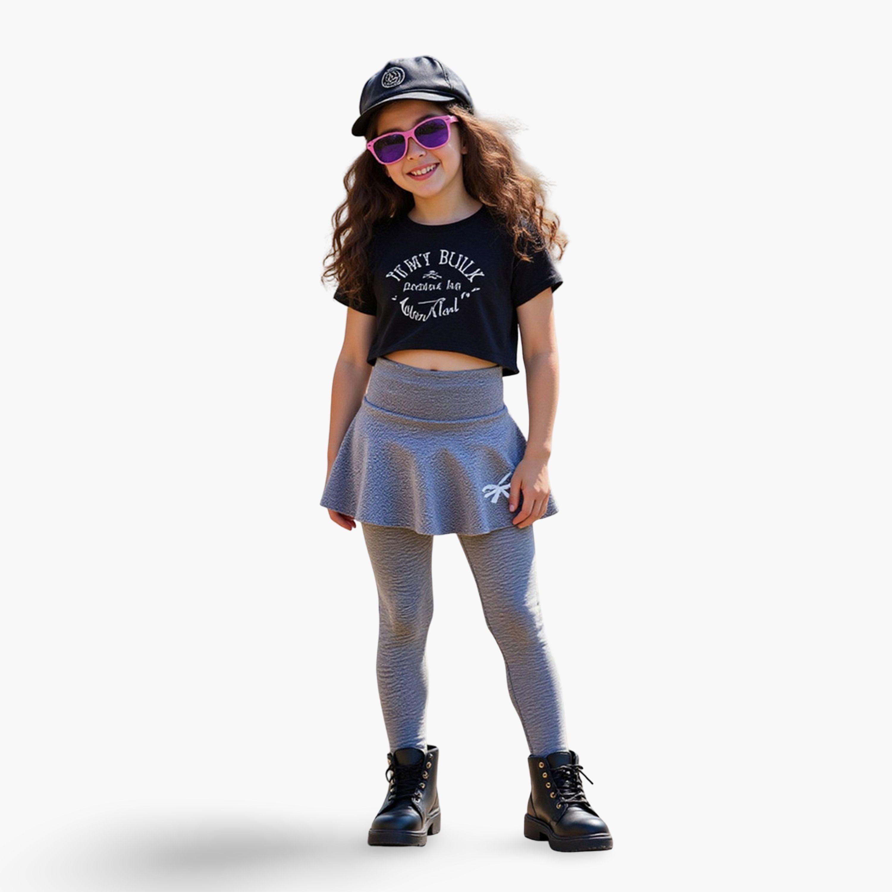 Take Two Solid Bow Printed Skirt with Leggings Set-girls-clothing-schoolwear-bottoms-skirt-image-2