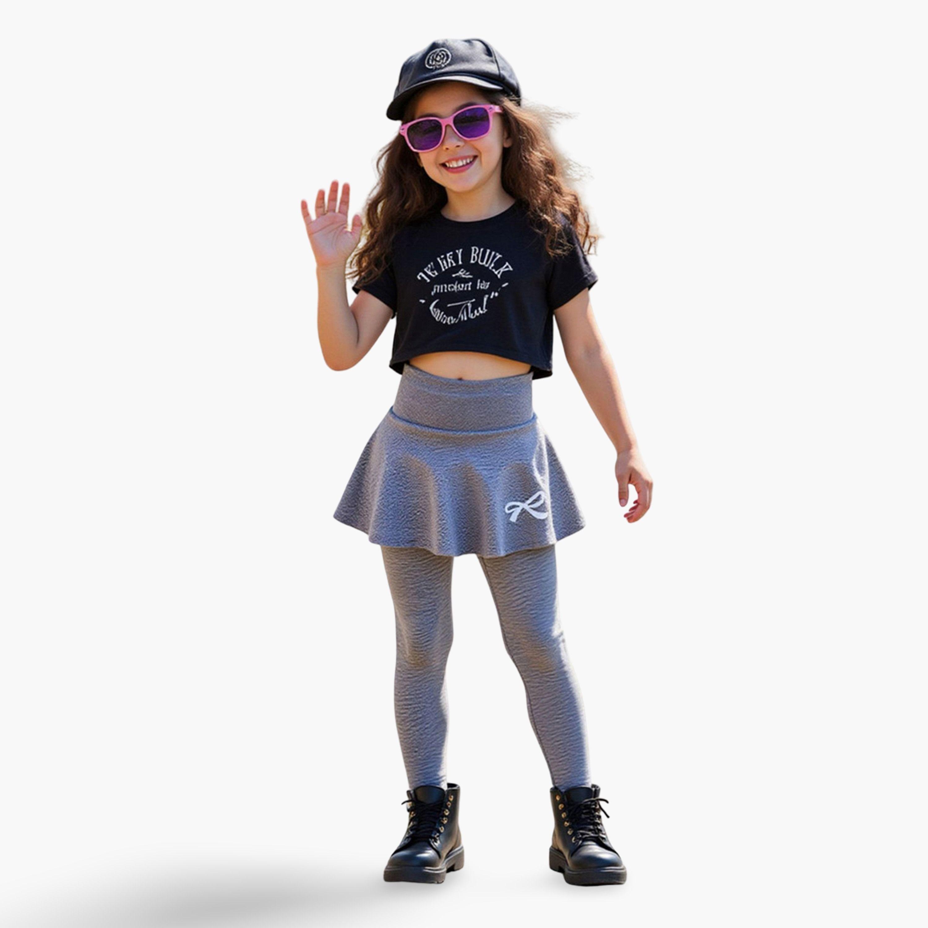 Take Two Solid Bow Printed Skirt with Leggings Set-girls-clothing-schoolwear-bottoms-skirt-image-3