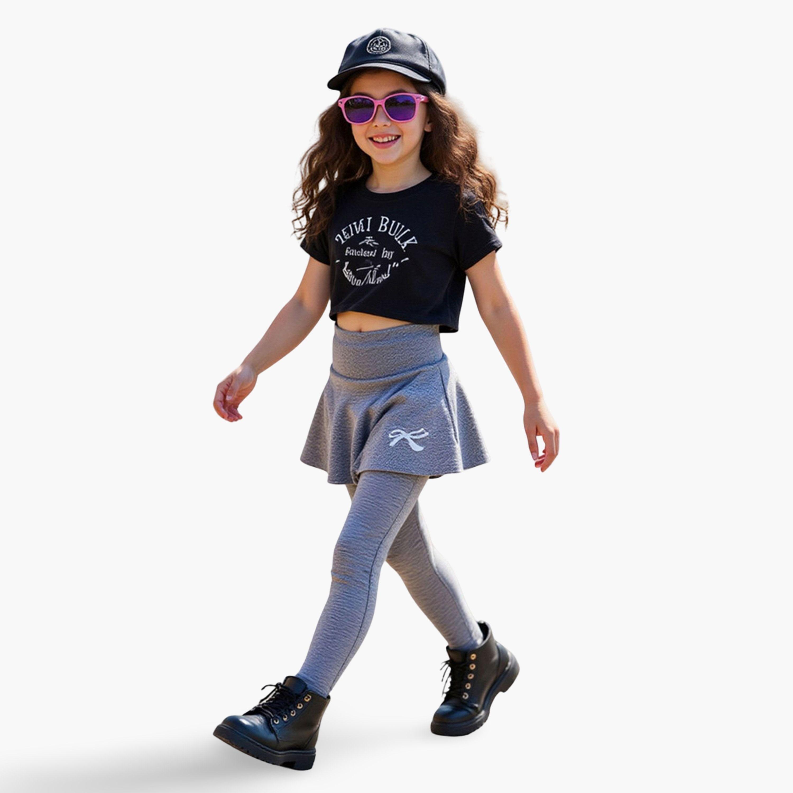 Take Two Solid Bow Printed Skirt with Leggings Set-girls-clothing-schoolwear-bottoms-skirt-image-4