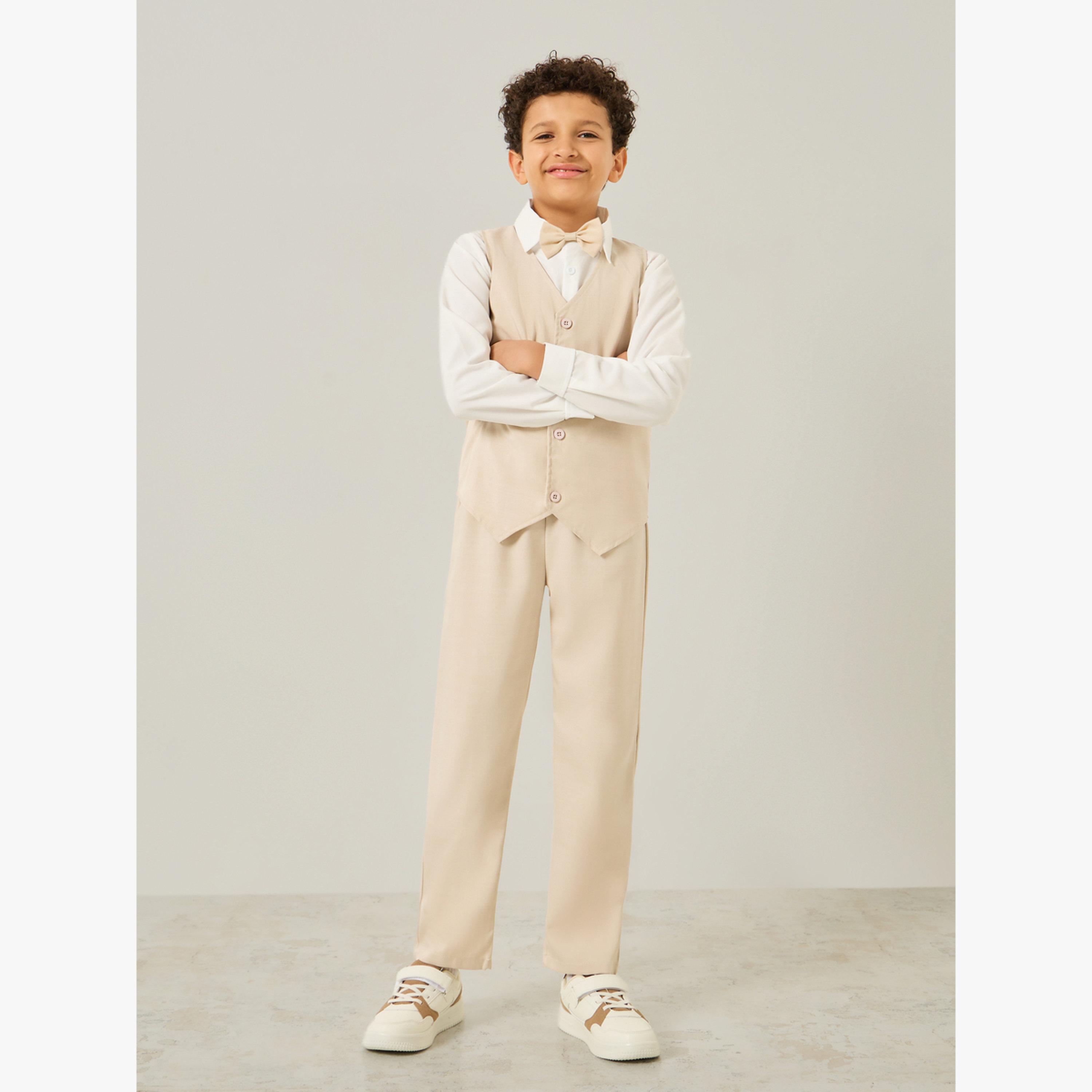 Amirah X Styli Boys Beige Waistcoat with Pants and Shirt with Bow Set-boys-clothing-setsandcoords-image-1