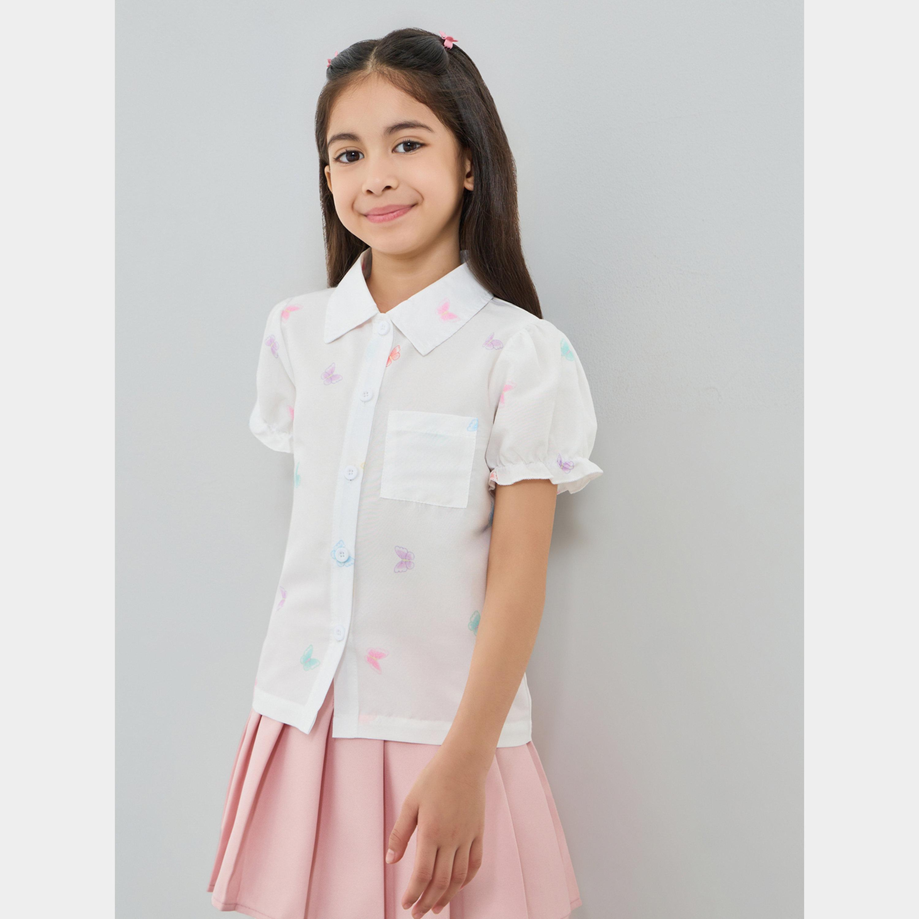 بلوزة بأكمام منفوخة وطبعات فيونكة مع أزرار-girls-clothing-blousesandshirts-image-1