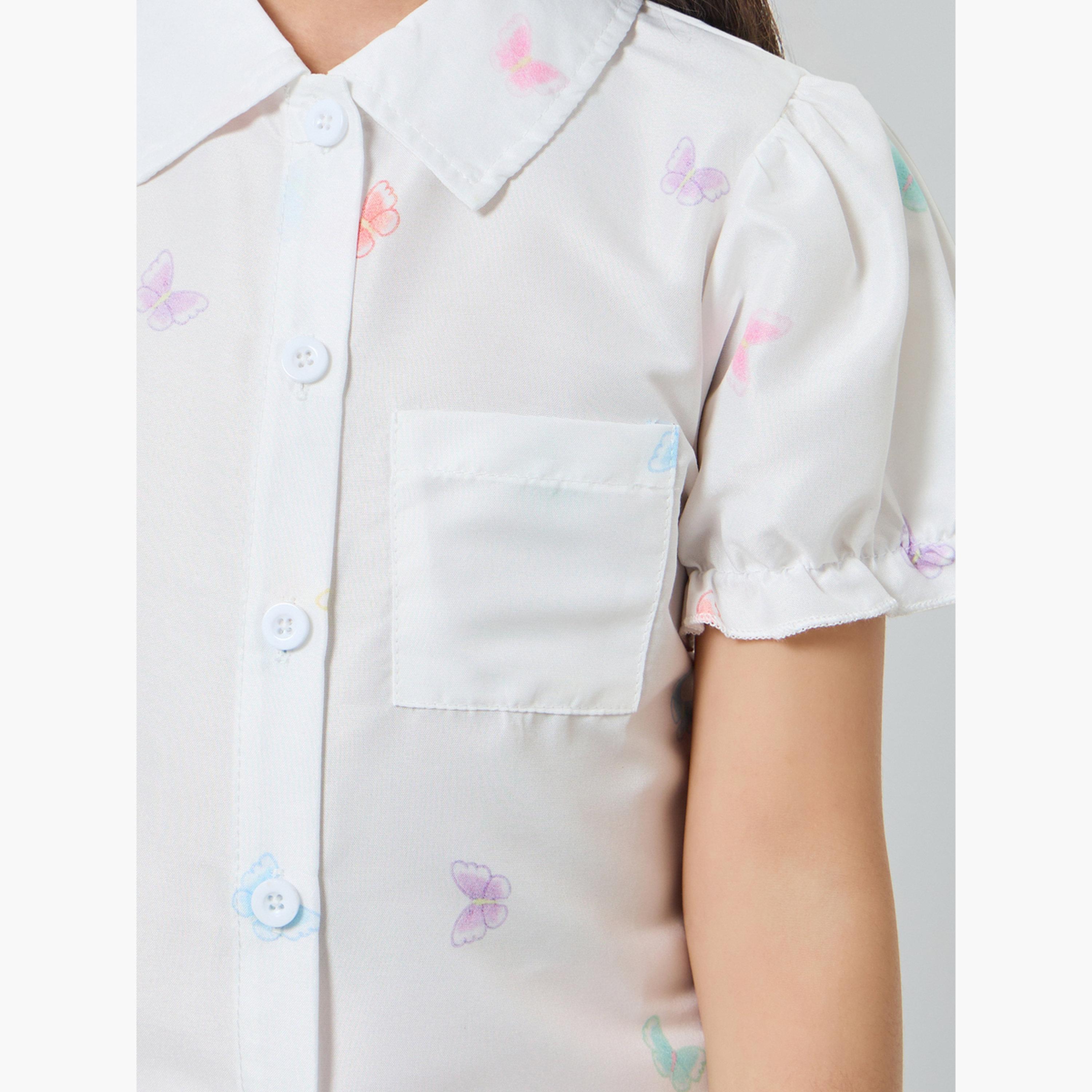 بلوزة بأكمام منفوخة وطبعات فيونكة مع أزرار-girls-clothing-blousesandshirts-image-3