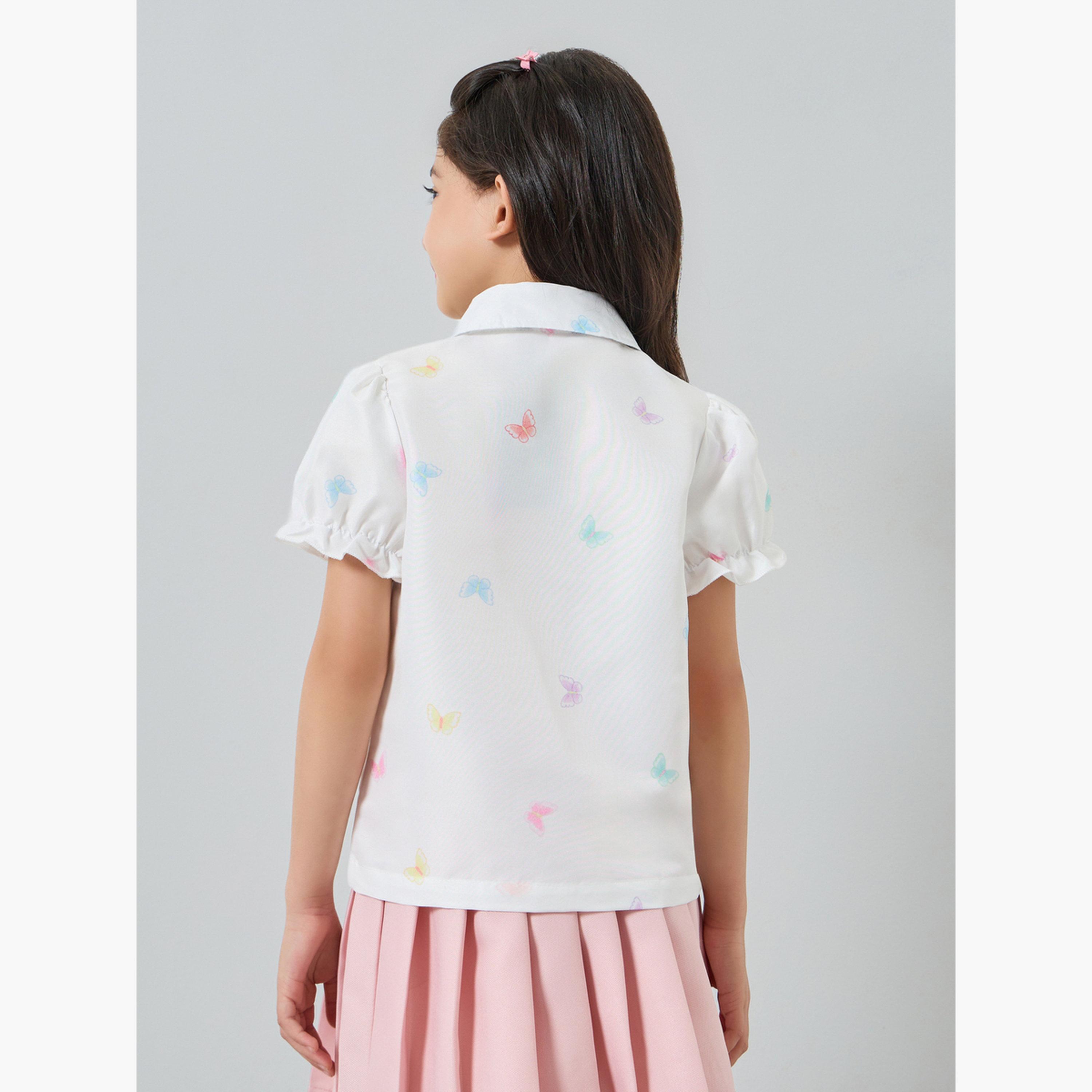 بلوزة بأكمام منفوخة وطبعات فيونكة مع أزرار-girls-clothing-blousesandshirts-image-4