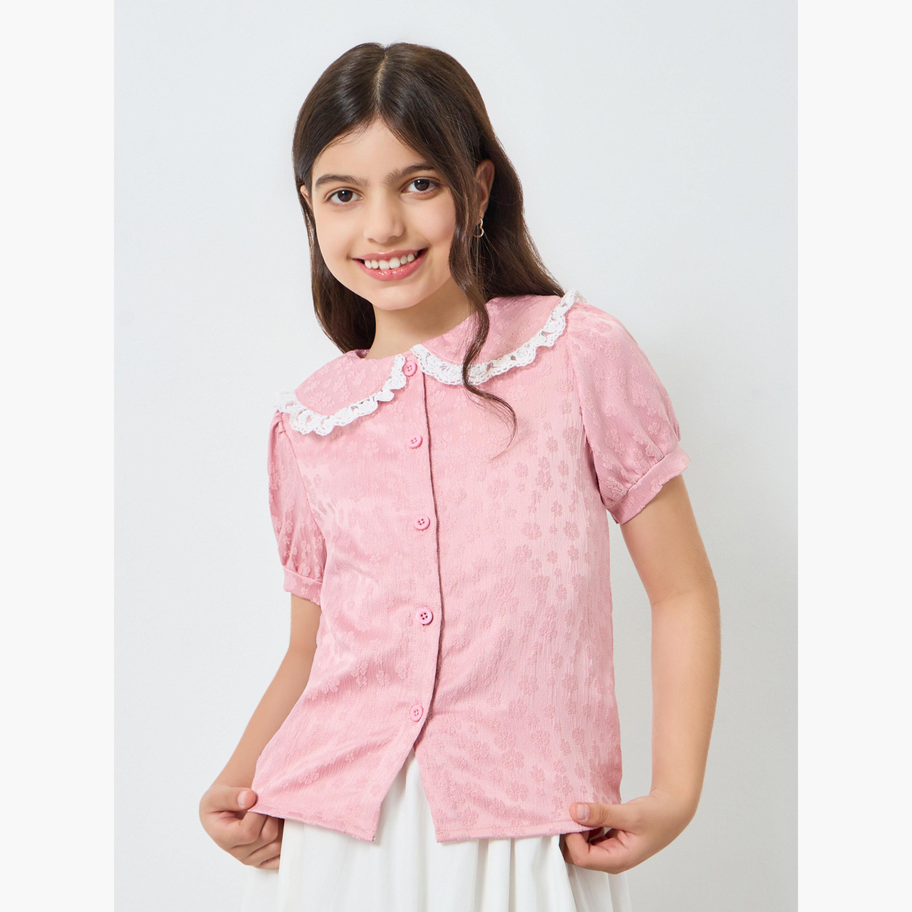 Styli Girls Light Pink Jaquard Top with Lace Collar-girls-clothing-blousesandshirts-image-1