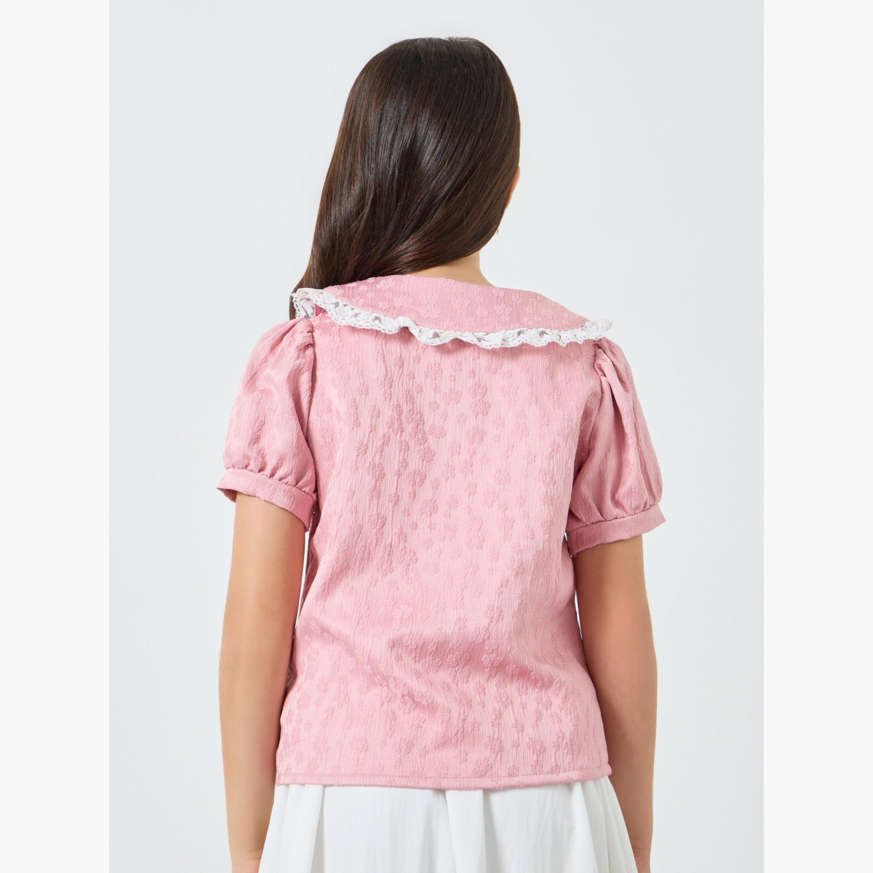 Styli Girls Light Pink Jaquard Top with Lace Collar-girls-clothing-blousesandshirts-image-3